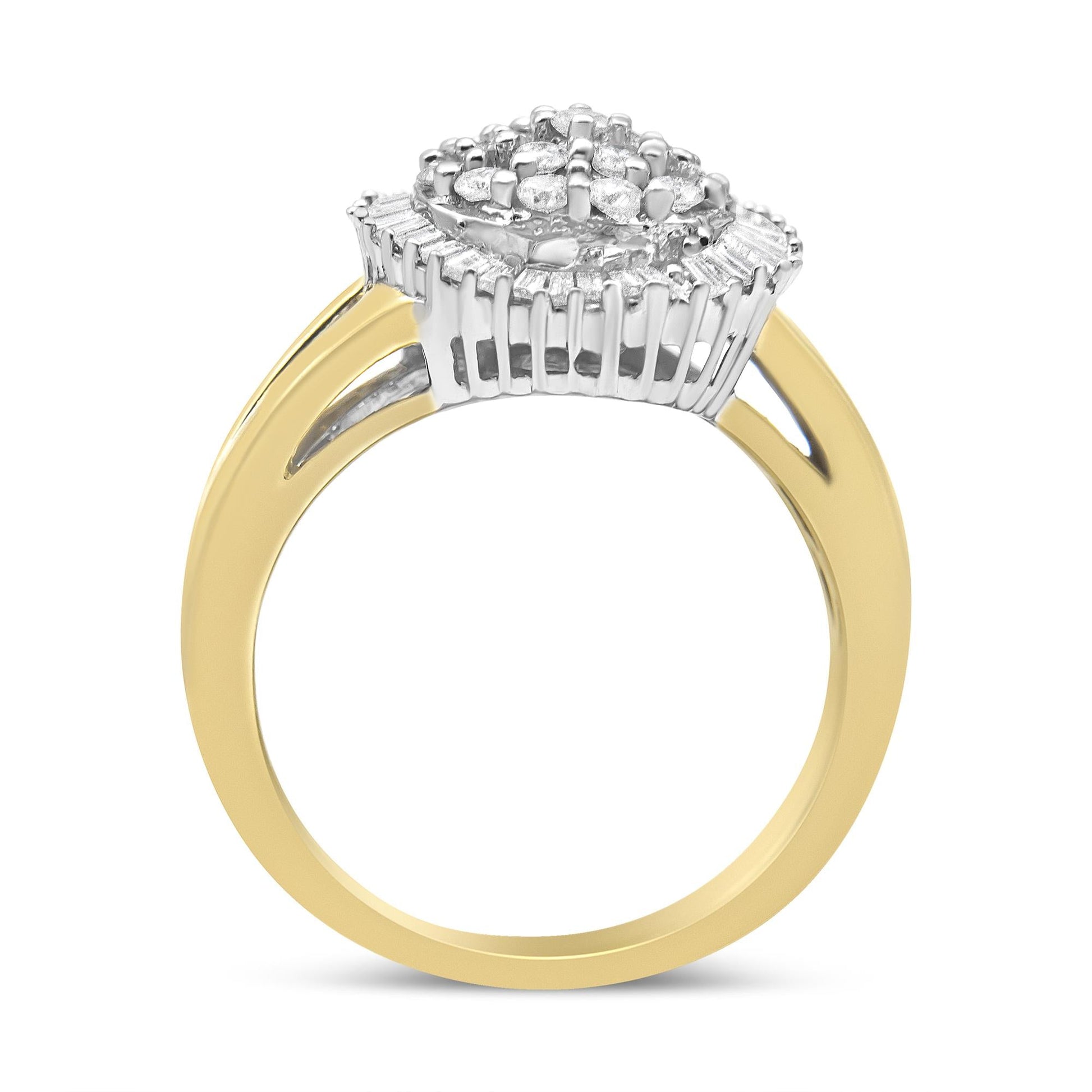 14K Yellow and White Gold 1.00 Cttw Round and Baguette-Cut Diamond Ballerina