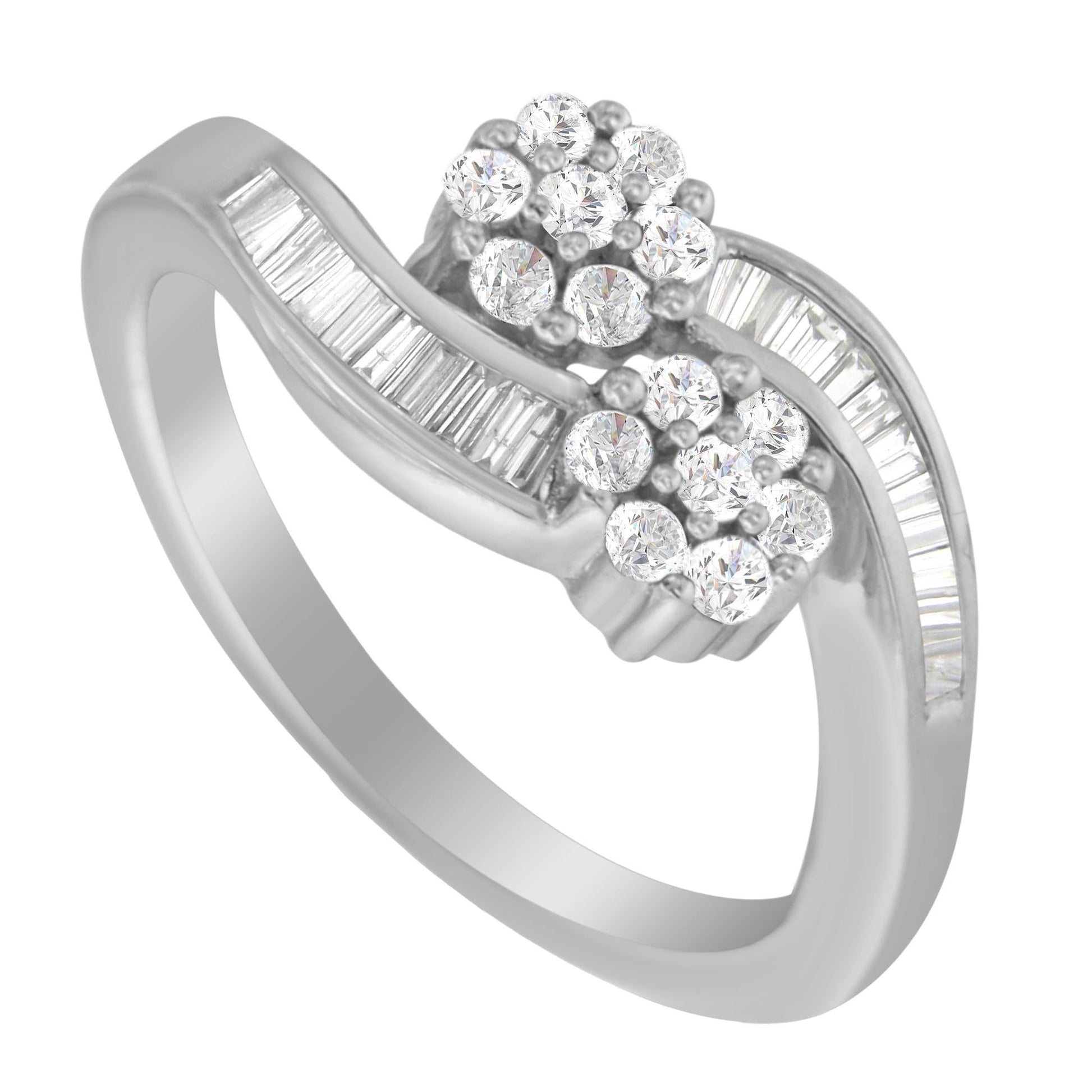 14K White Gold Round and Baguette Diamond Bypass Ring (1/2 cttw H-I Color I1-I2