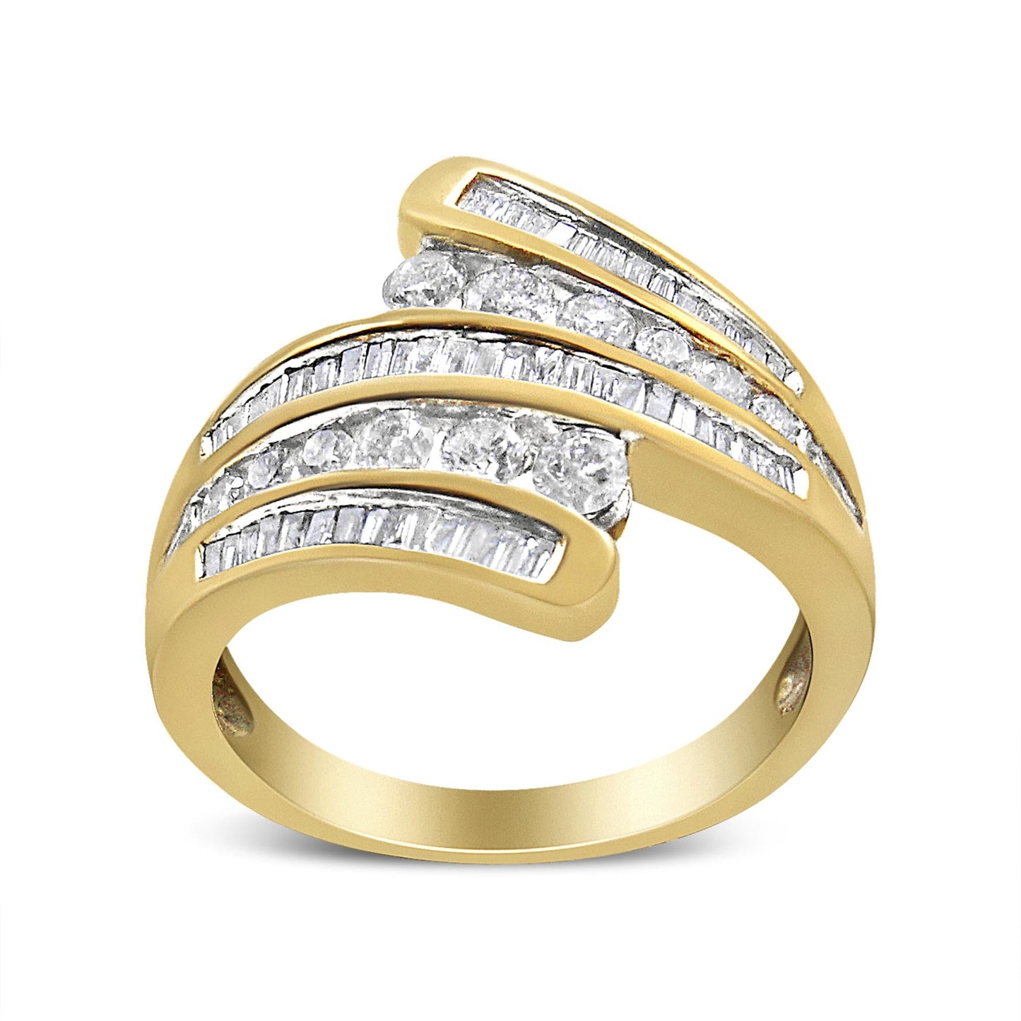 10K Yellow Gold 1 Cttw Round and Baguette-Cut Diamond Multi Row Bypass Ring