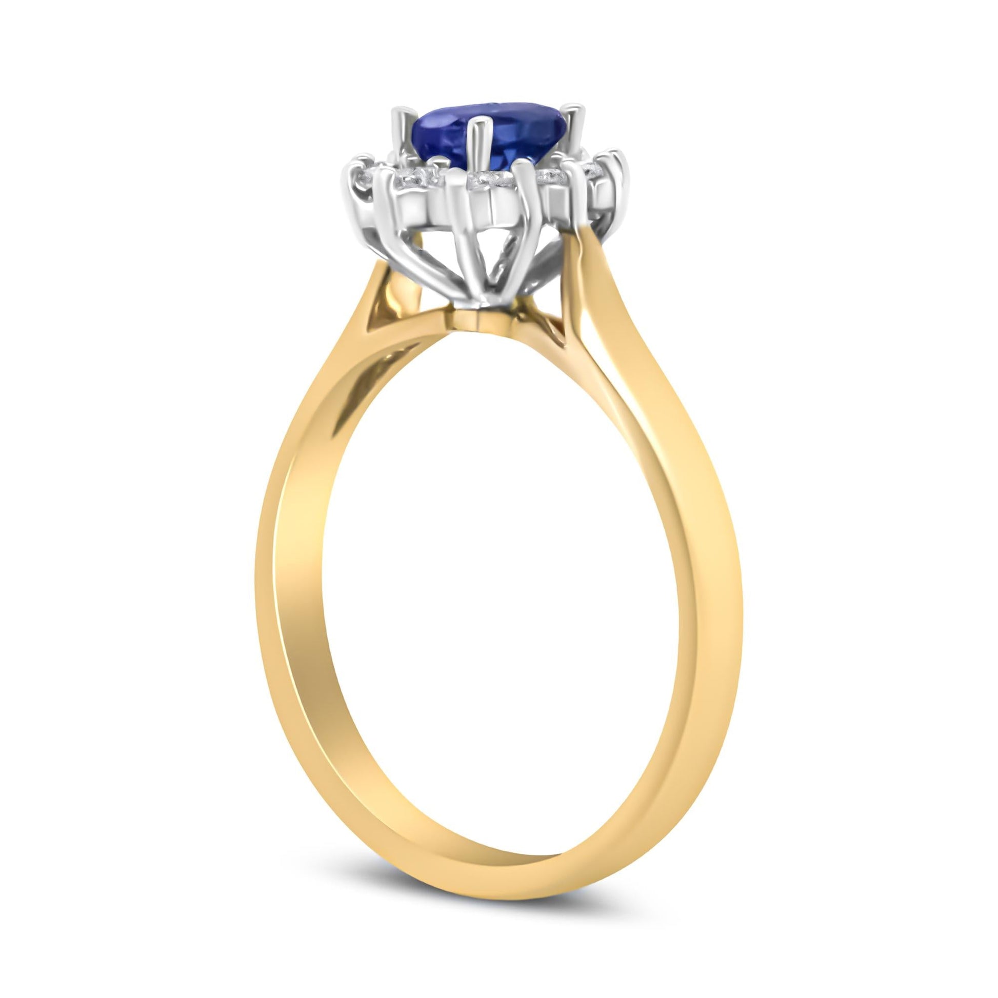 14K Yellow Gold 1/5 Cttw Round Diamond and 6x4mm Oval Blue Tanzanite Halo Ring