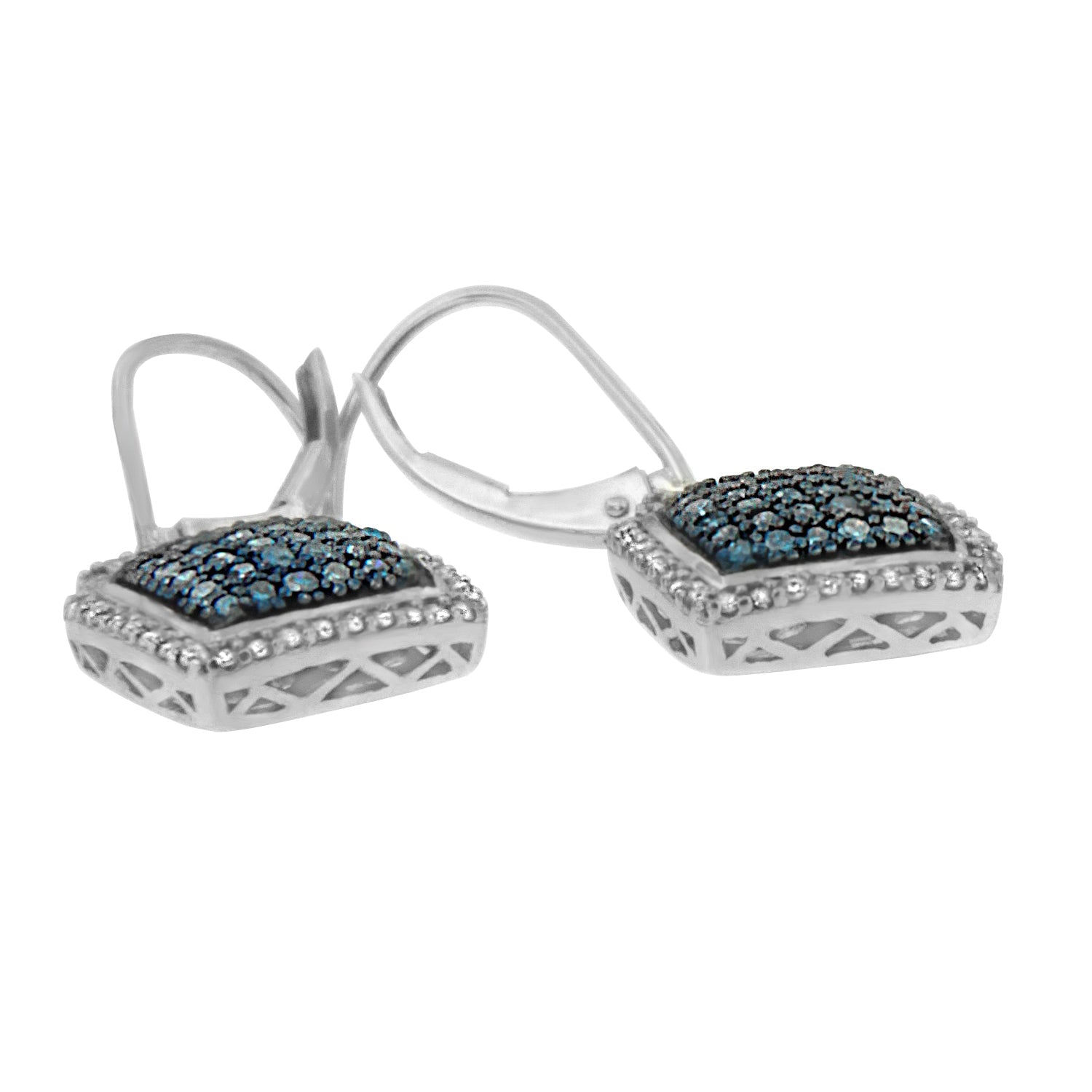 Black Rhodium over.925 Sterling Silver ¾ Cttw Blue and White Diamond Cushion