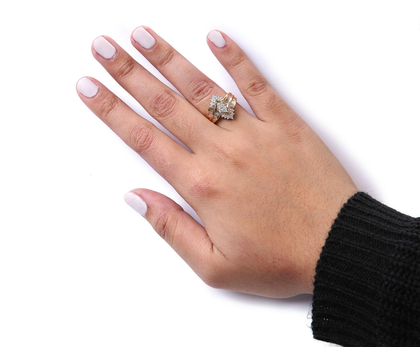 10K Two-Toned 1/2 Cttw Round And Baguette-Cut Composite Pear Head Diamond Ring