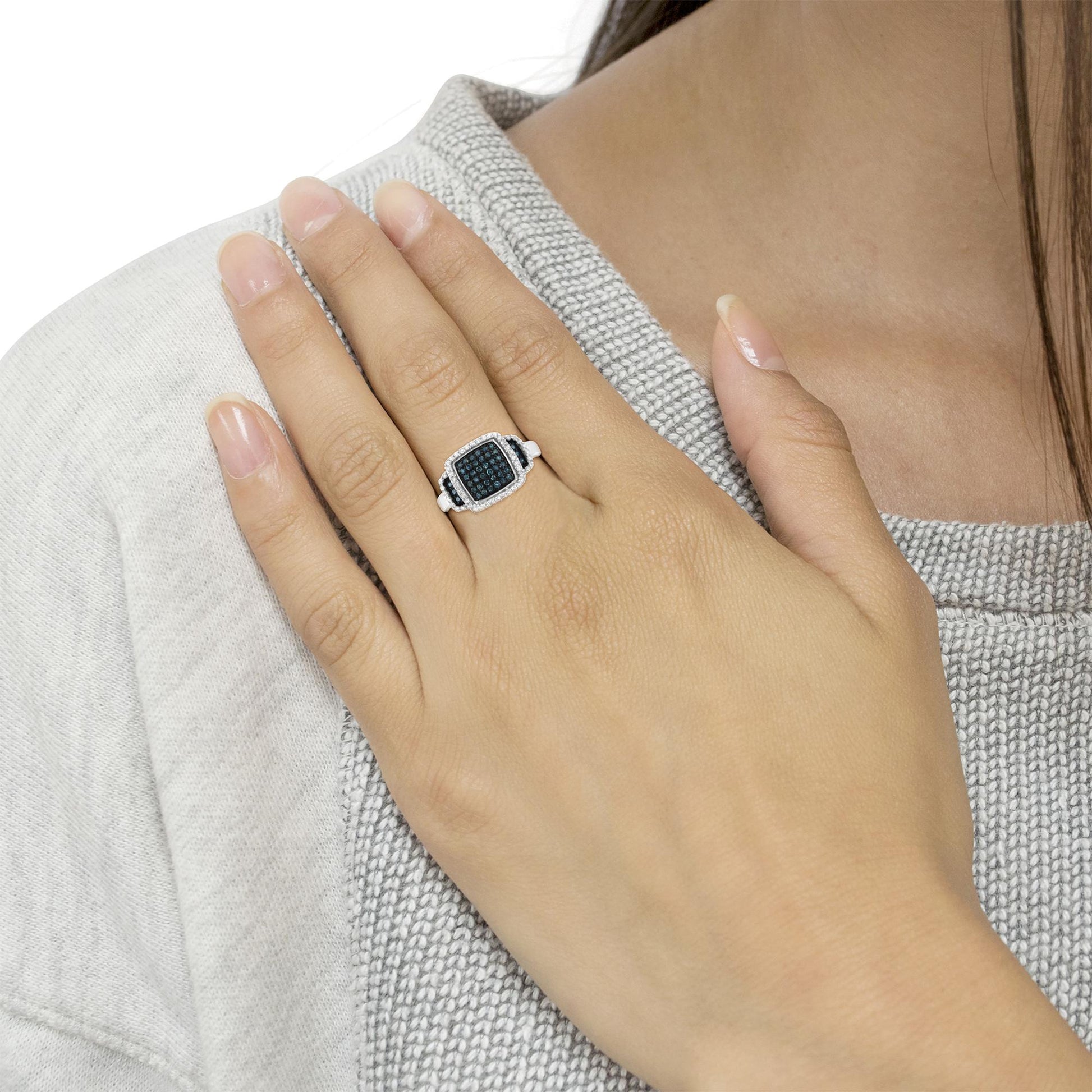 Black Rhodium Plated.925 Sterling Silver 1/2 Cttw White & Blue Diamond Square