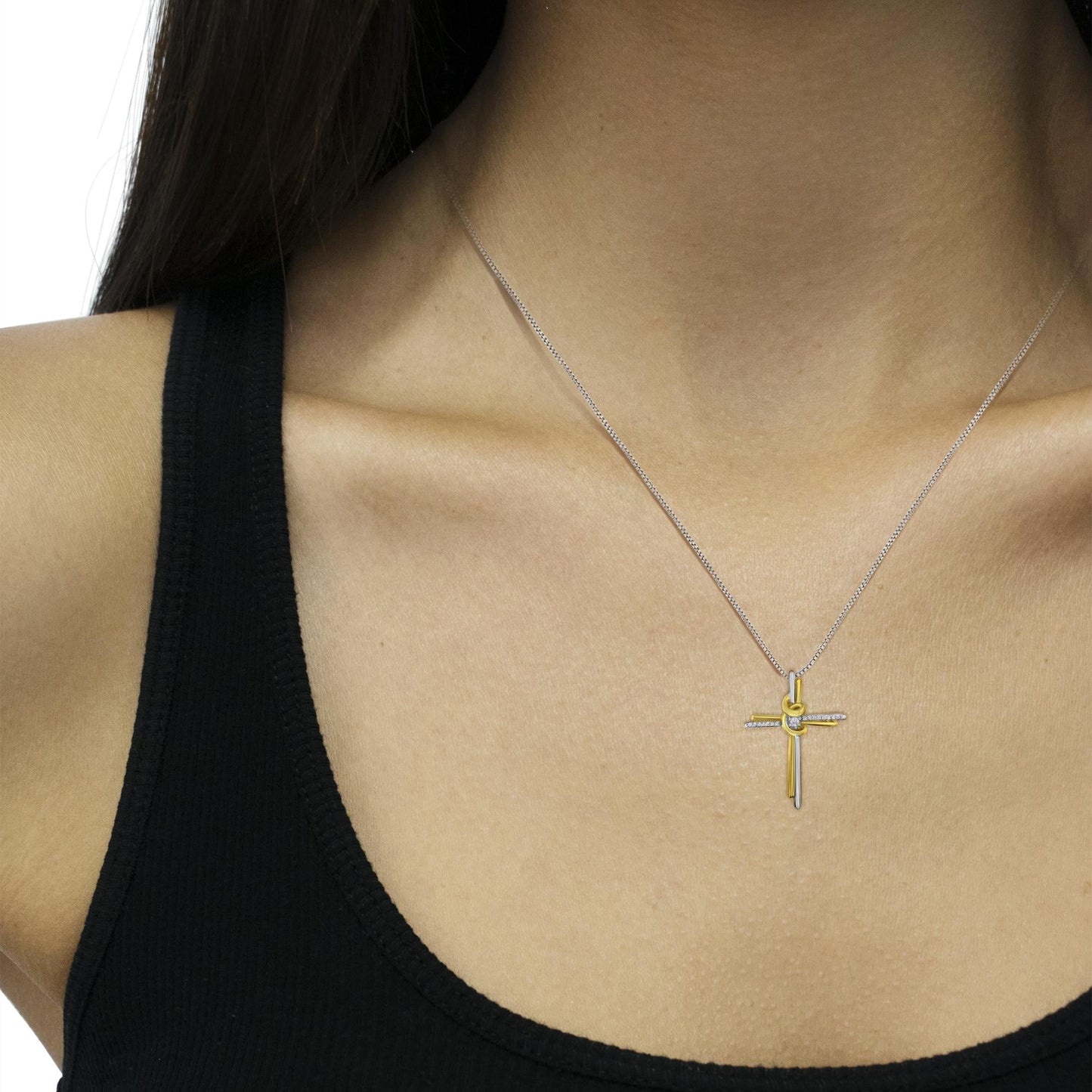 Espira 10K Two-Tone Yellow & White Gold Diamond-Accented Cross 18’’ Pendant