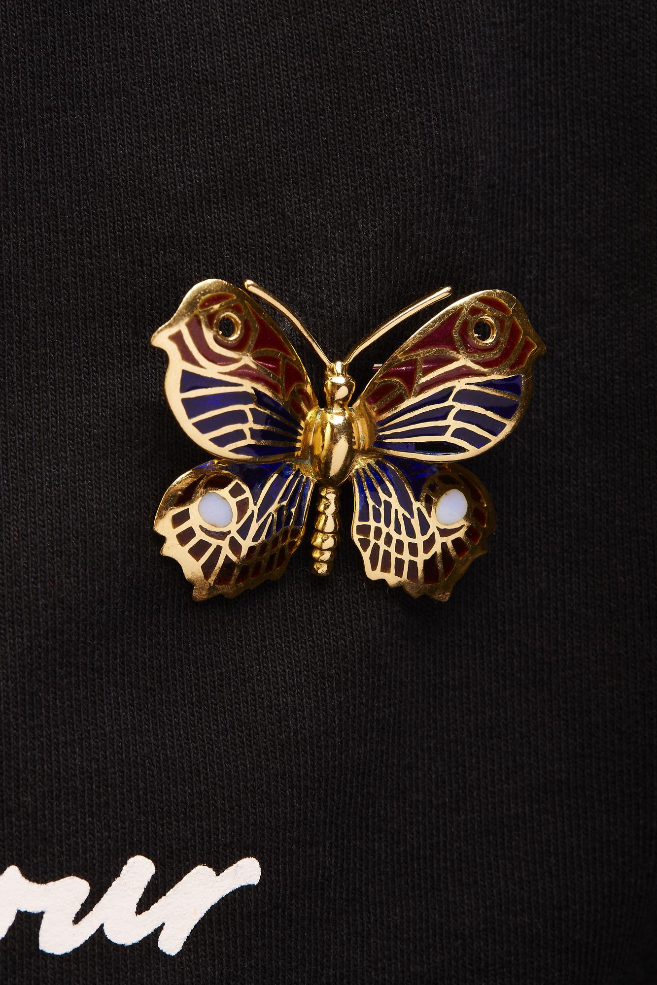 18K Yellow Gold Red Blue and White Enameled Butterfly Brooch Pin - Brooches