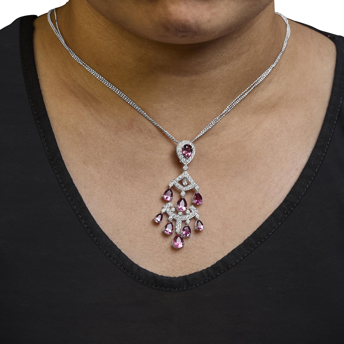 18K White Gold 1 1/10 Cttw Diamond and Pink Tourmaline Double-Strand Art Deco Inspired Chandelier 18" Pendant Necklace (F-G Color, VVS2-VS1 Clarity)