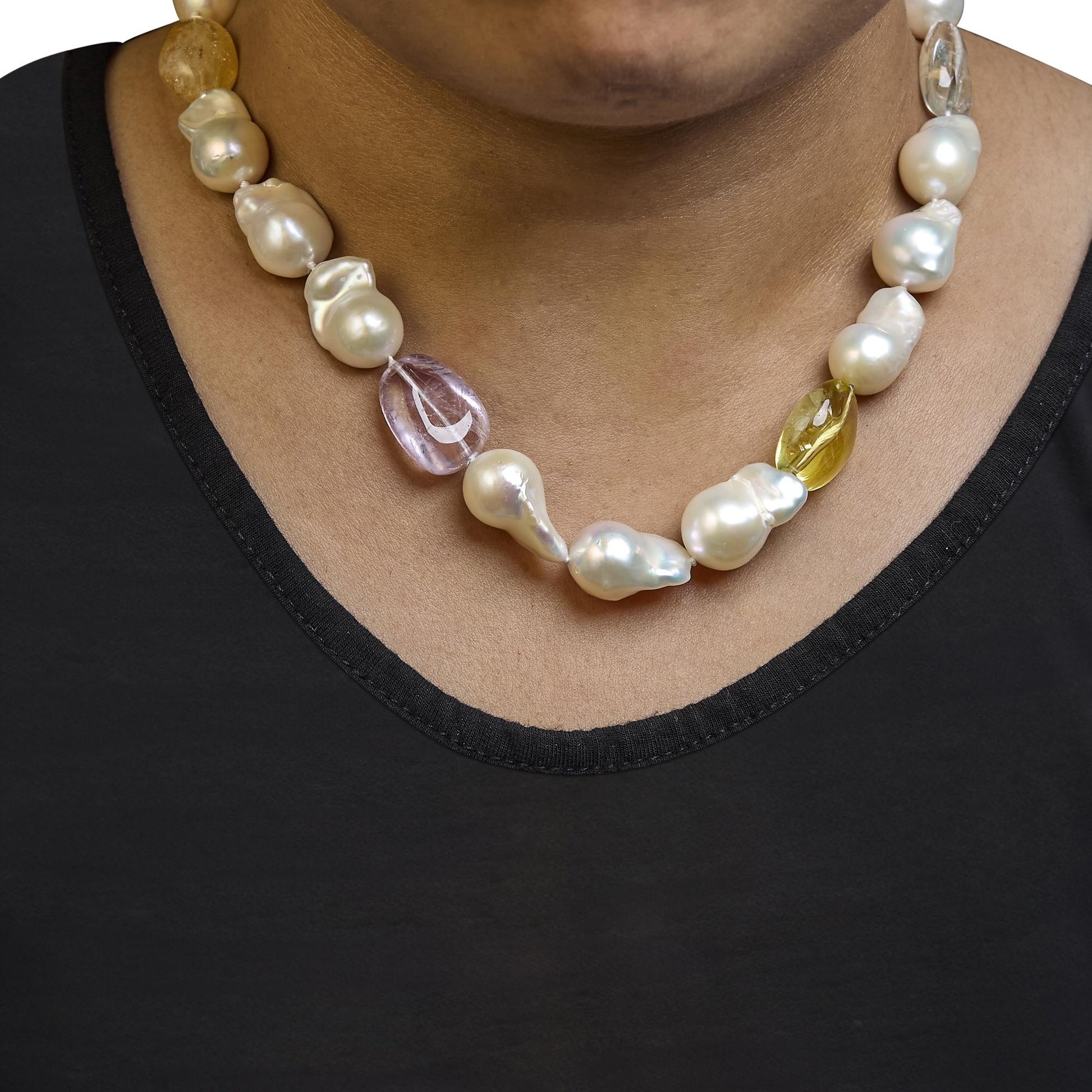 14K Yellow Citrine Amethyst and Baroque Pearl Strand Necklace - 18’’ Inches