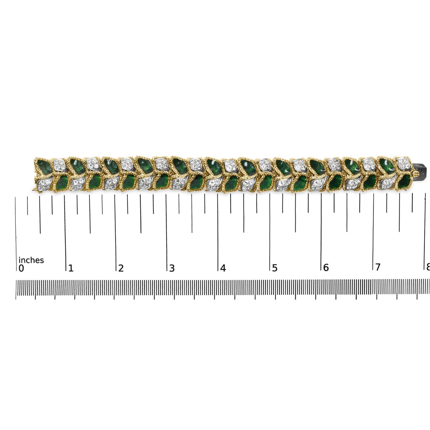 18K Yellow Gold 3 1/4 Cttw Diamond and Green Enamel Gold Textured Bracelet (G-H Color, VS1-VS2 Clarity) - 7" Inches