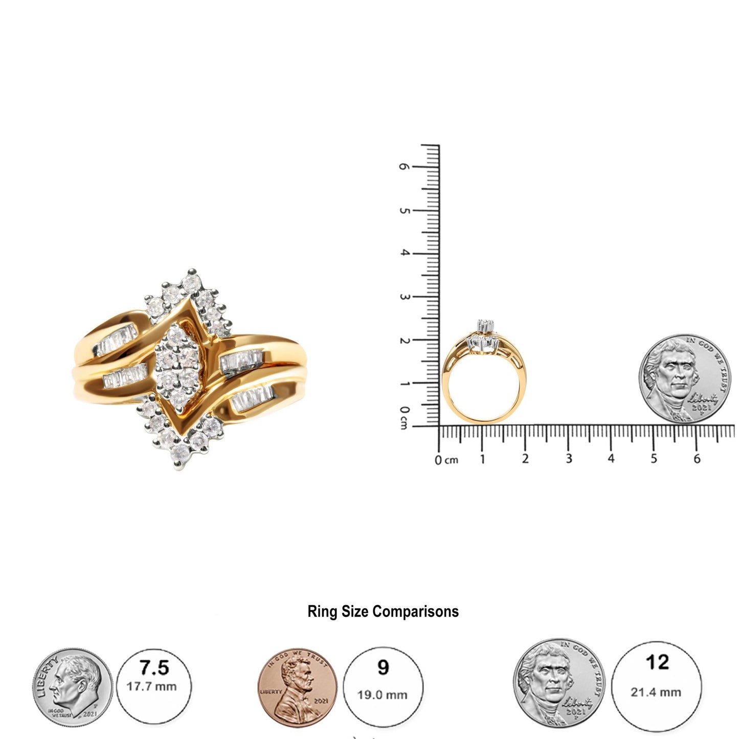 10K Two-Toned 1/2 Cttw Round And Baguette-Cut Composite Pear Head Diamond Ring