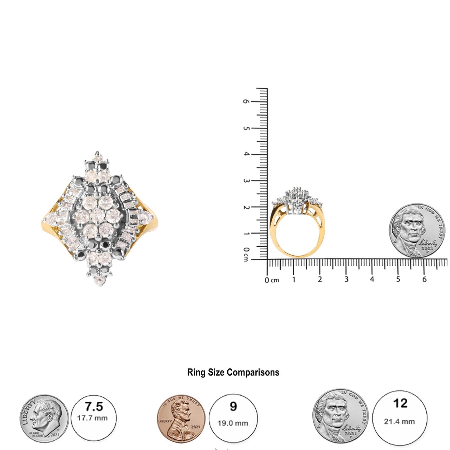 10K Yellow Gold 1 Cttw Round and Baguette cut Diamond Cluster and Rhombus Halo