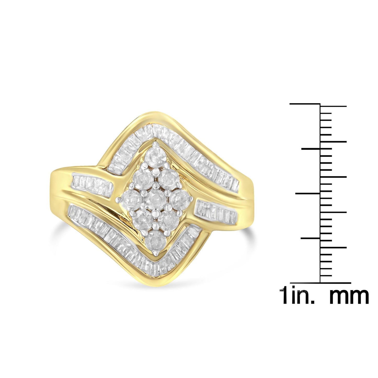 10K Yellow Gold over.925 Sterling Silver Diamond Bypass Cluster Ring (1 Cttw