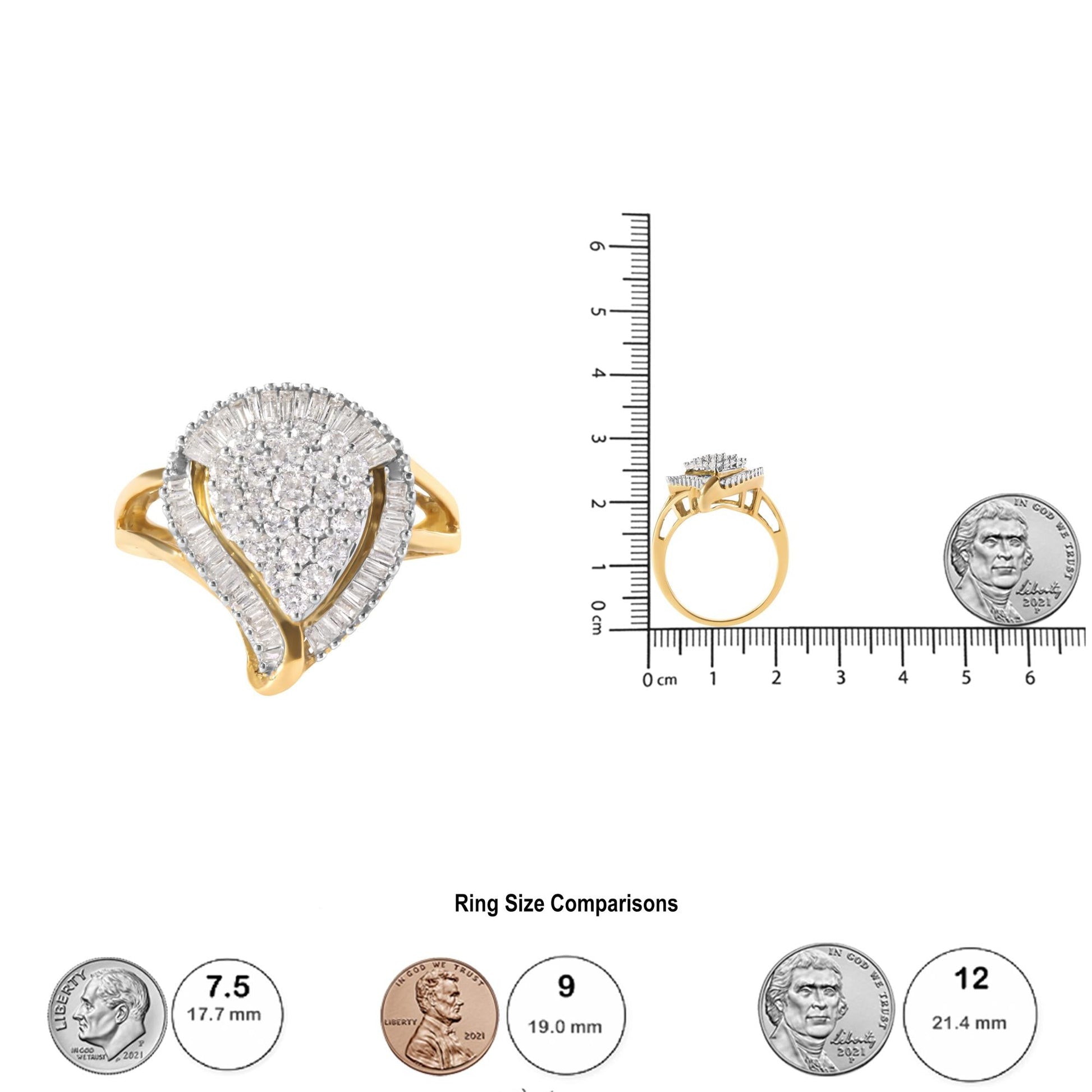 10K Yellow Gold 1 Cttw Round and Baguette Cut Diamond Ballerina Cluster Ring