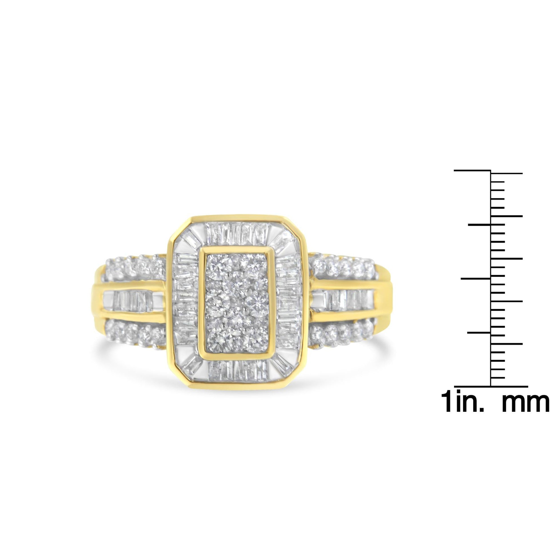 10K Yellow Gold Round and Baguette-Cut Diamond Cocktail Ring (1.0 Cttw H-I