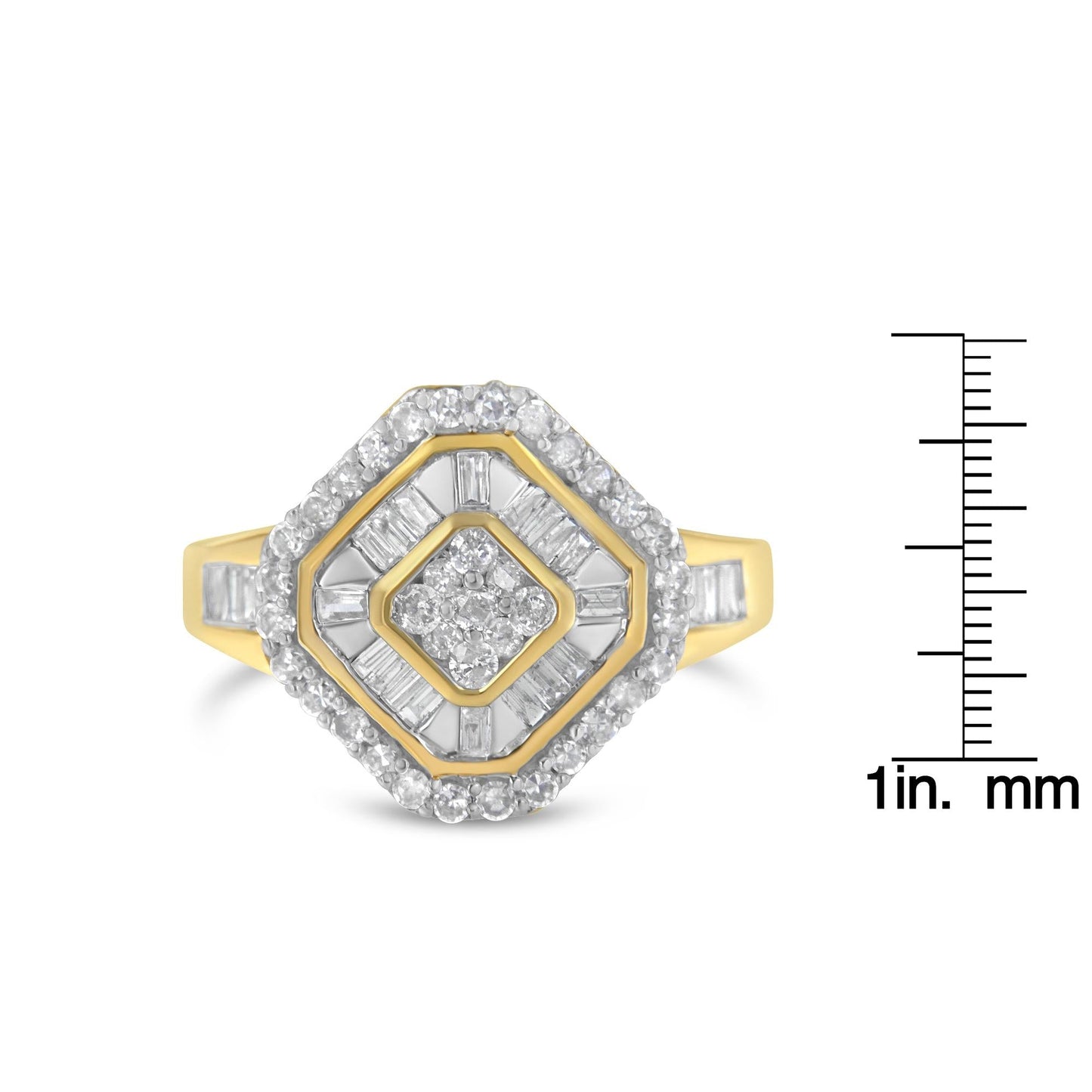 10K Yellow Gold Round and Baguette-Cut Diamond Cocktail Ring (1.0 Cttw I-J