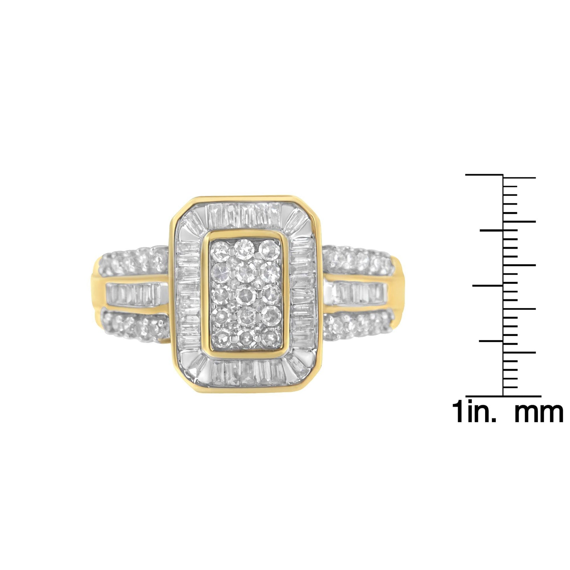 10K Yellow Gold Round and Baguette-Cut Diamond Cluster Ring (1.0 Cttw I-J Color