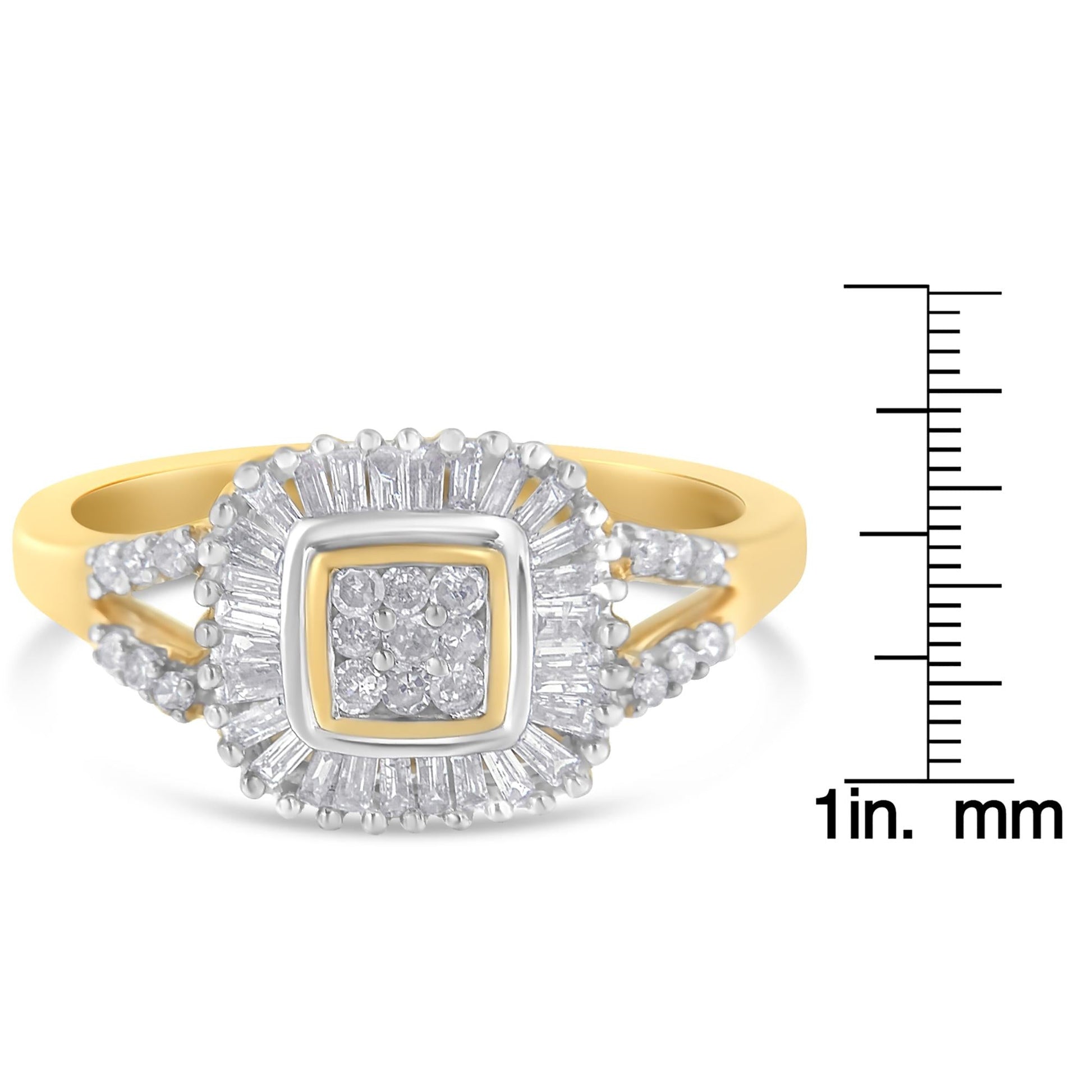 10K Yellow Gold Round and Baguette Cut Diamond Ballerina Ring (1/2 cttw I-J