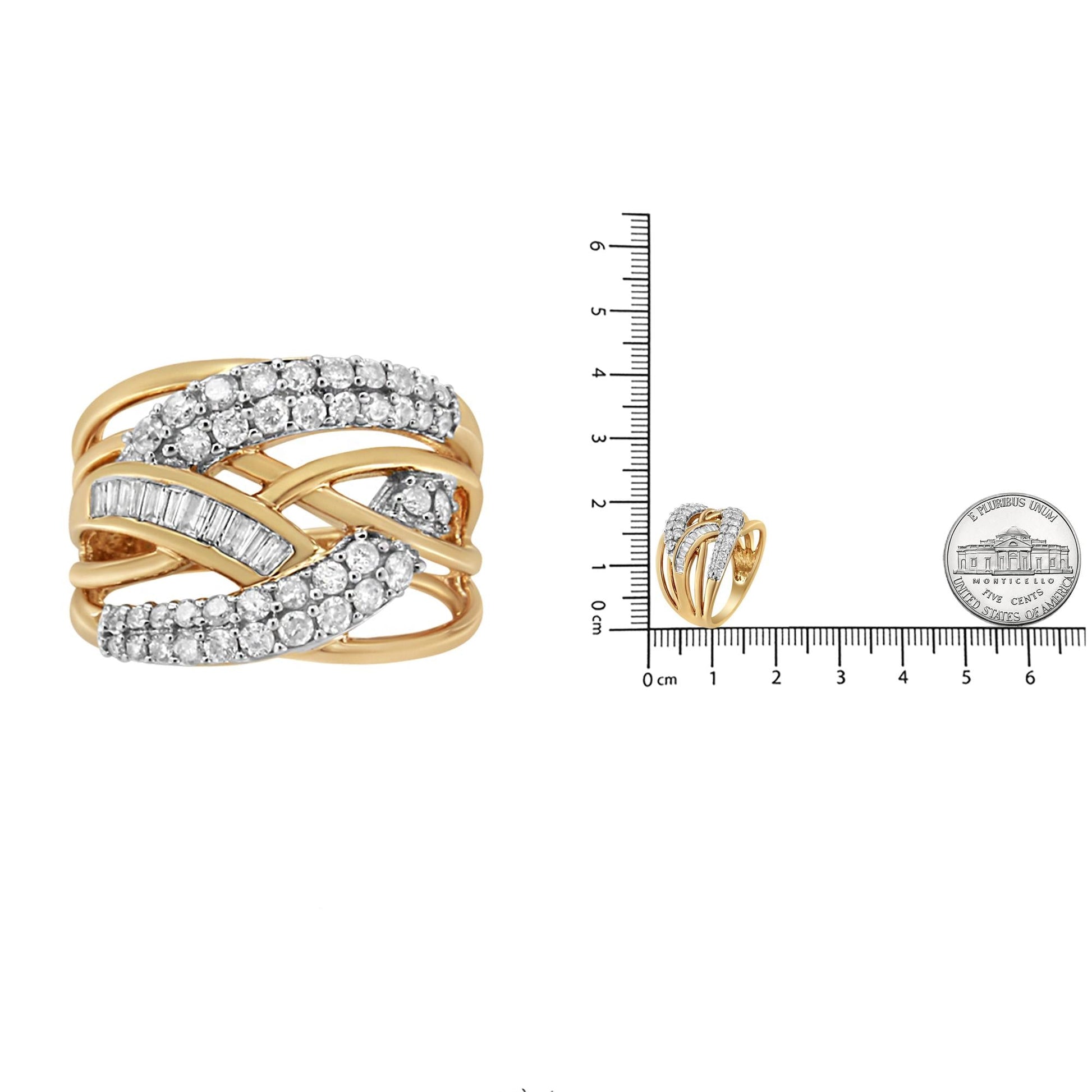 10K Yellow and White Gold 1.0 Cttw Round and Baguette-Cut Diamond Multirow