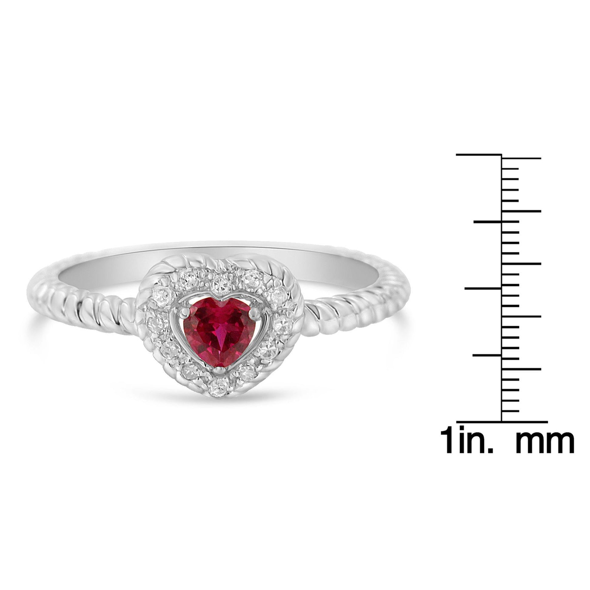 Sterling Silver 4MM Lab Created Ruby Heart and Diamond Accent Heart Ring (I-J