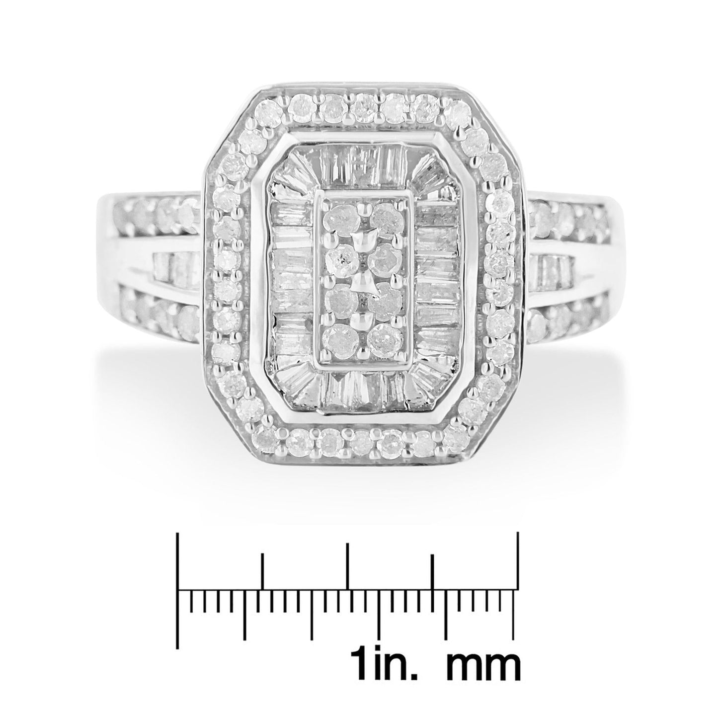 .925 Sterling Silver 1.0 Cttw Round and Baguette Cut Diamond Elongated Octagon Shaped Cocktail Ring (H-I Color, I2-I3 Clarity)