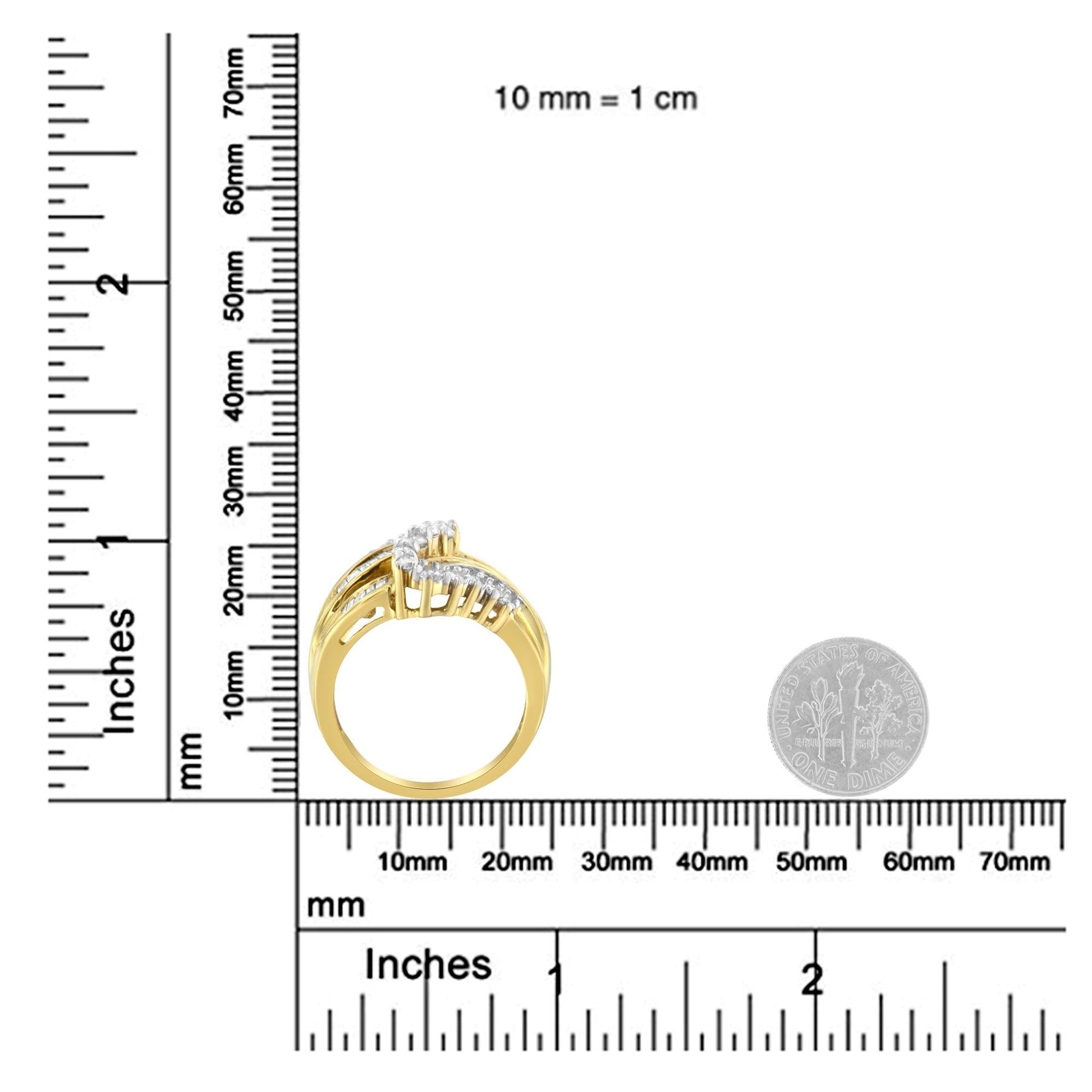 10K Yellow Gold Round and Baguette Cut Diamond Bypass Ring (1 Cttw J-K Color