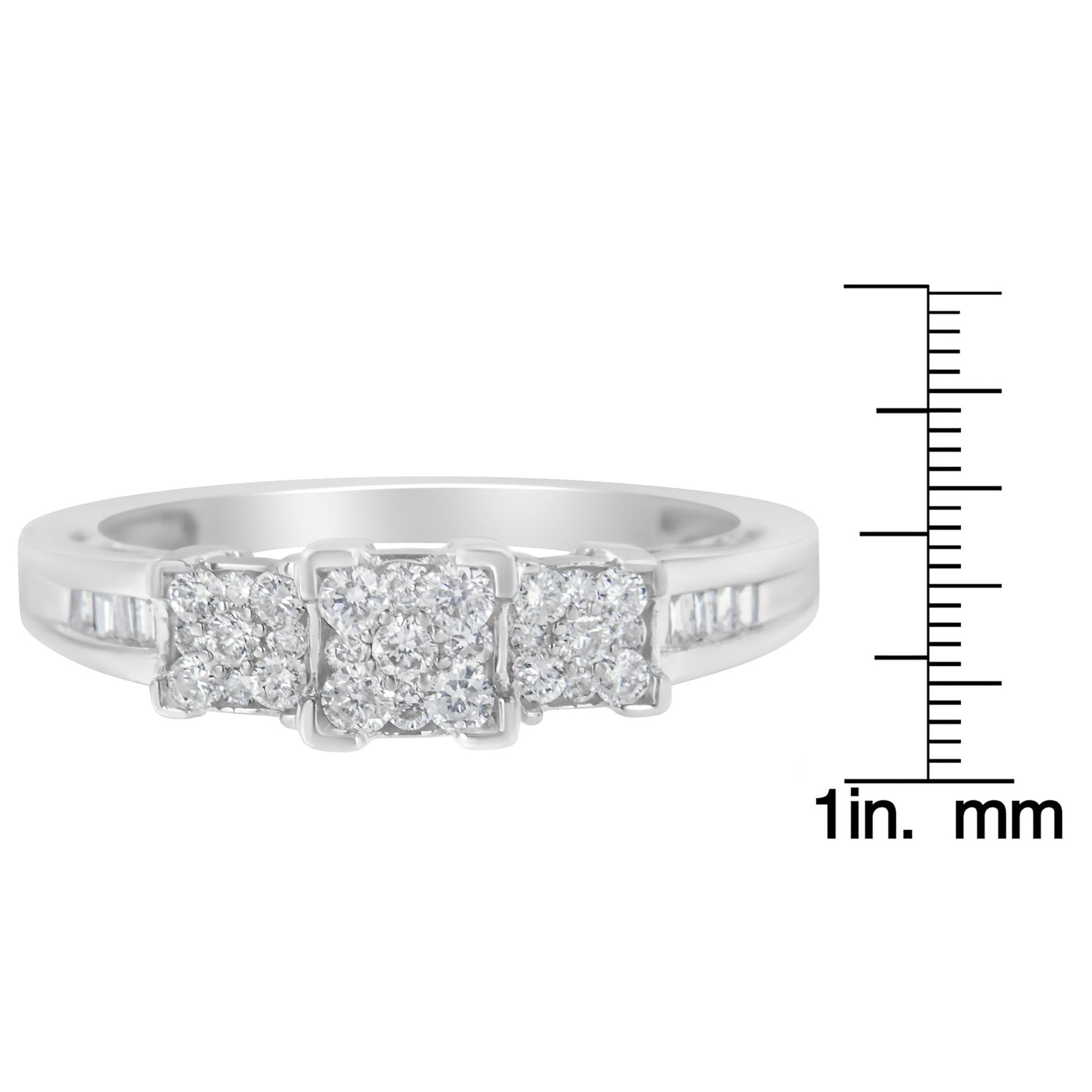 10K White Gold 1/2 Cttw Brilliant & Baguette Cut Diamond 3 Stone Design with 3