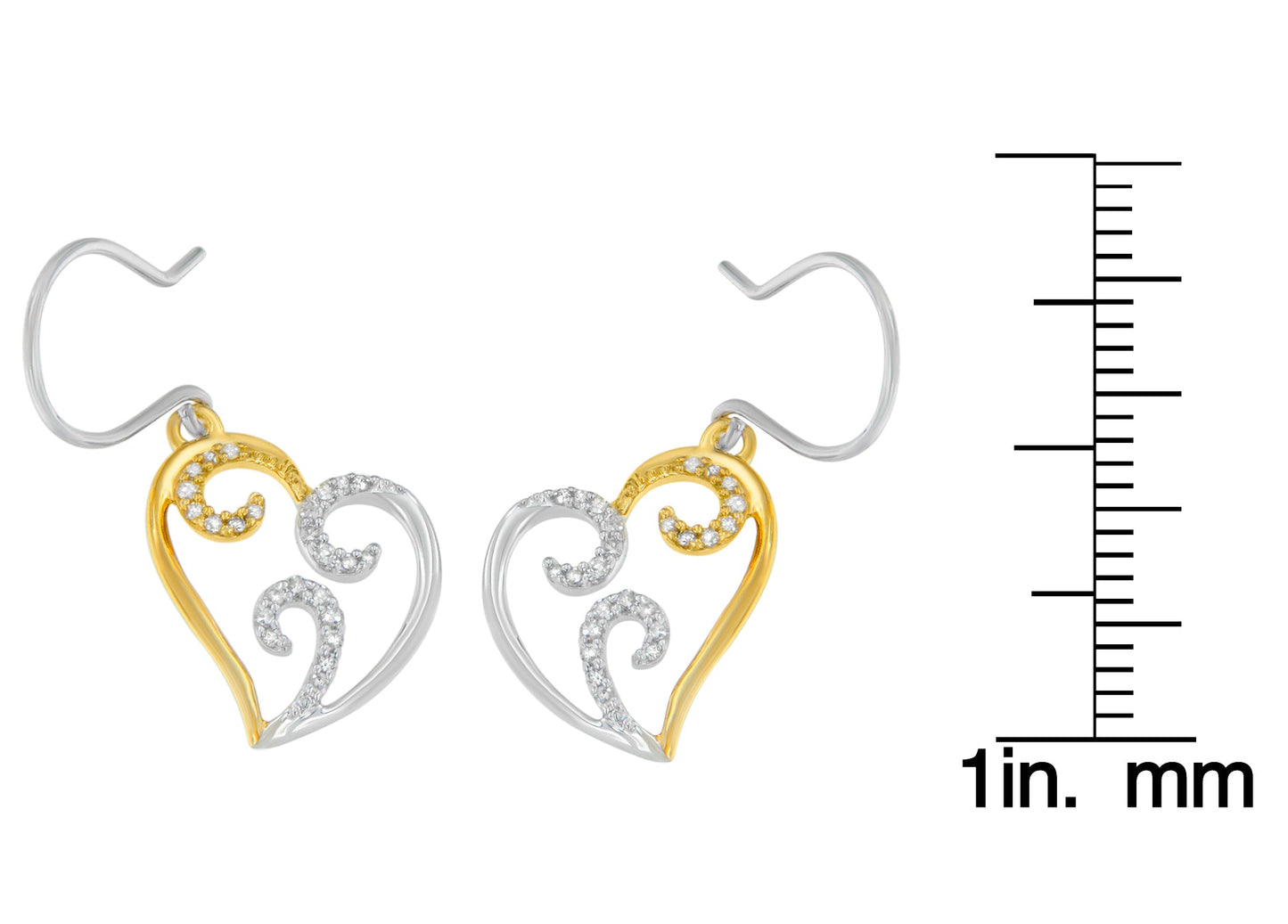 10K Two-tone Gold Round Diamond Heart Dangle Earrings (1/4 cttw I-J Color I2-I3