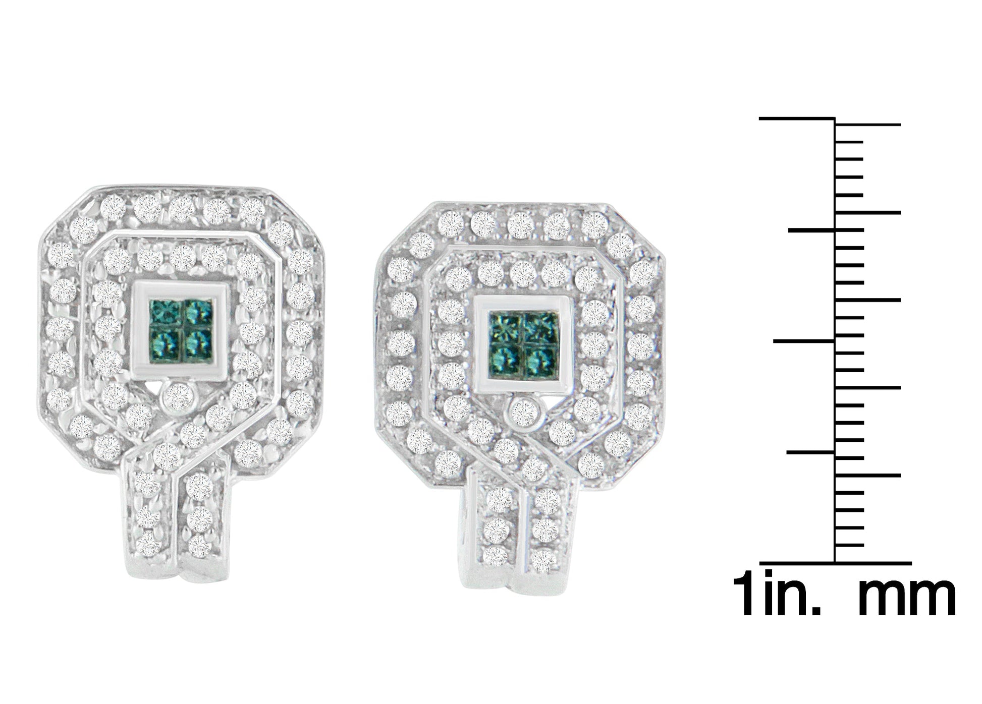 14K White Gold 1ct. TDW Round and Princess-cut Treated Blue Diamond Earrings