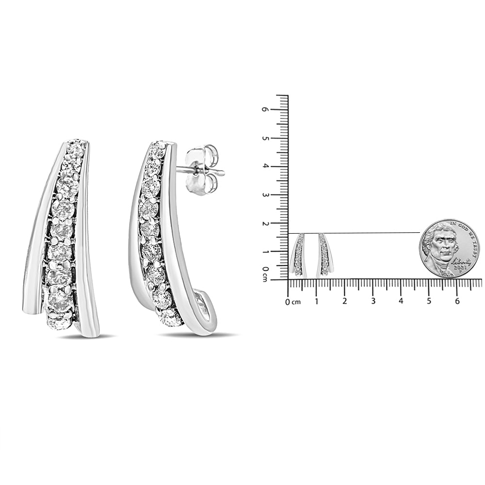 .925 Sterling Silver 1 Cttw Round Diamond Graduated Huggie Earrings (I2-I3