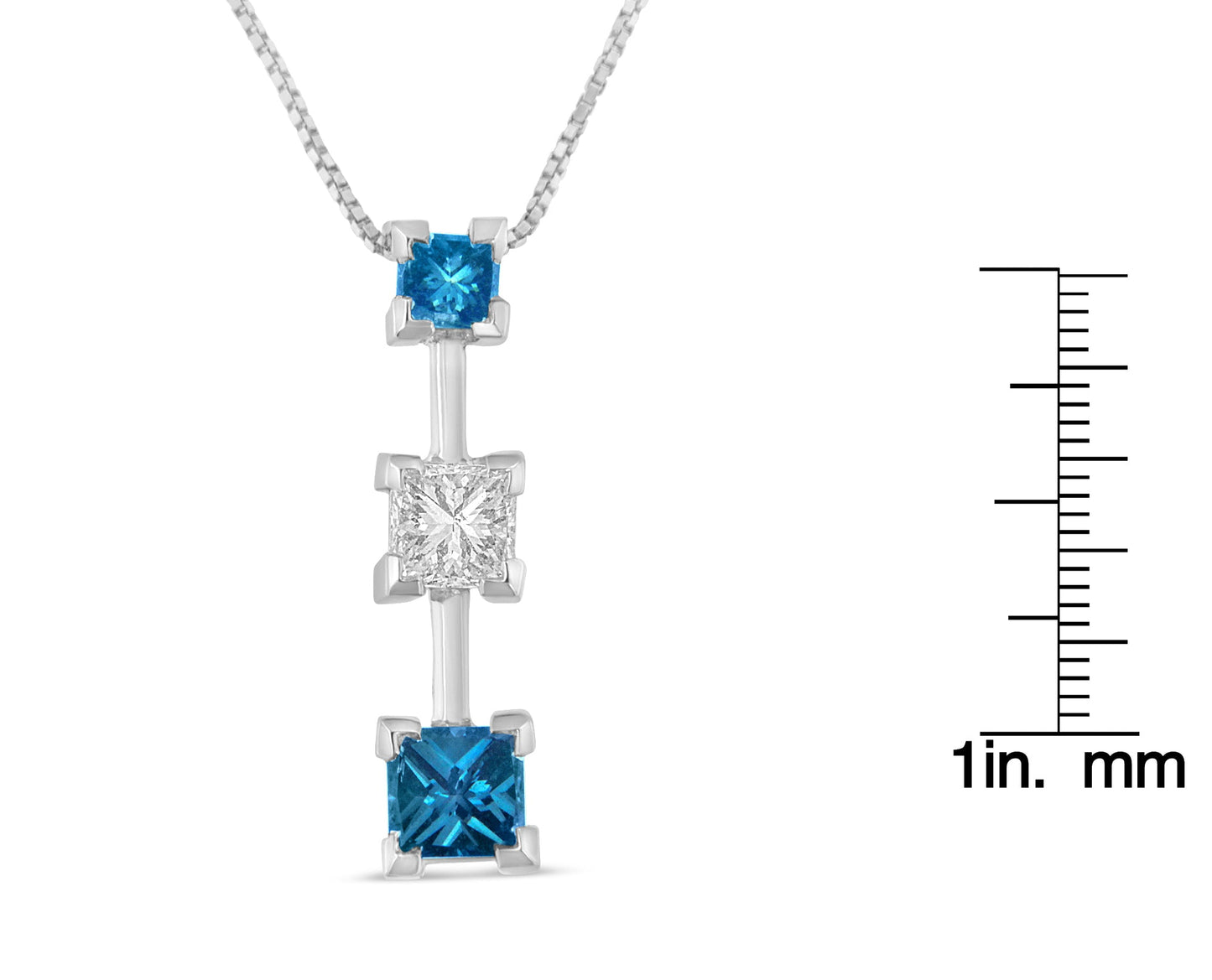 14K White Gold 7/8 cttw Treated Blue and White Princess Cut Diamond Pendant