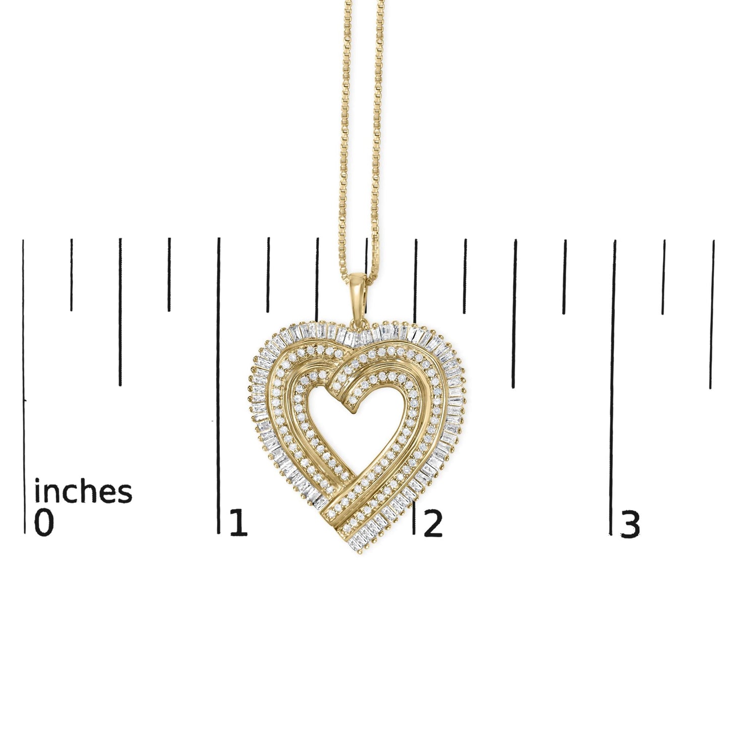 14K Yellow Gold Plated .925 Sterling Silver 1/4 Cttw Round and Baguette-Cut Diamond Composite Heart 18" Pendant Necklace (H-I Color, SI2-I1 Clarity)