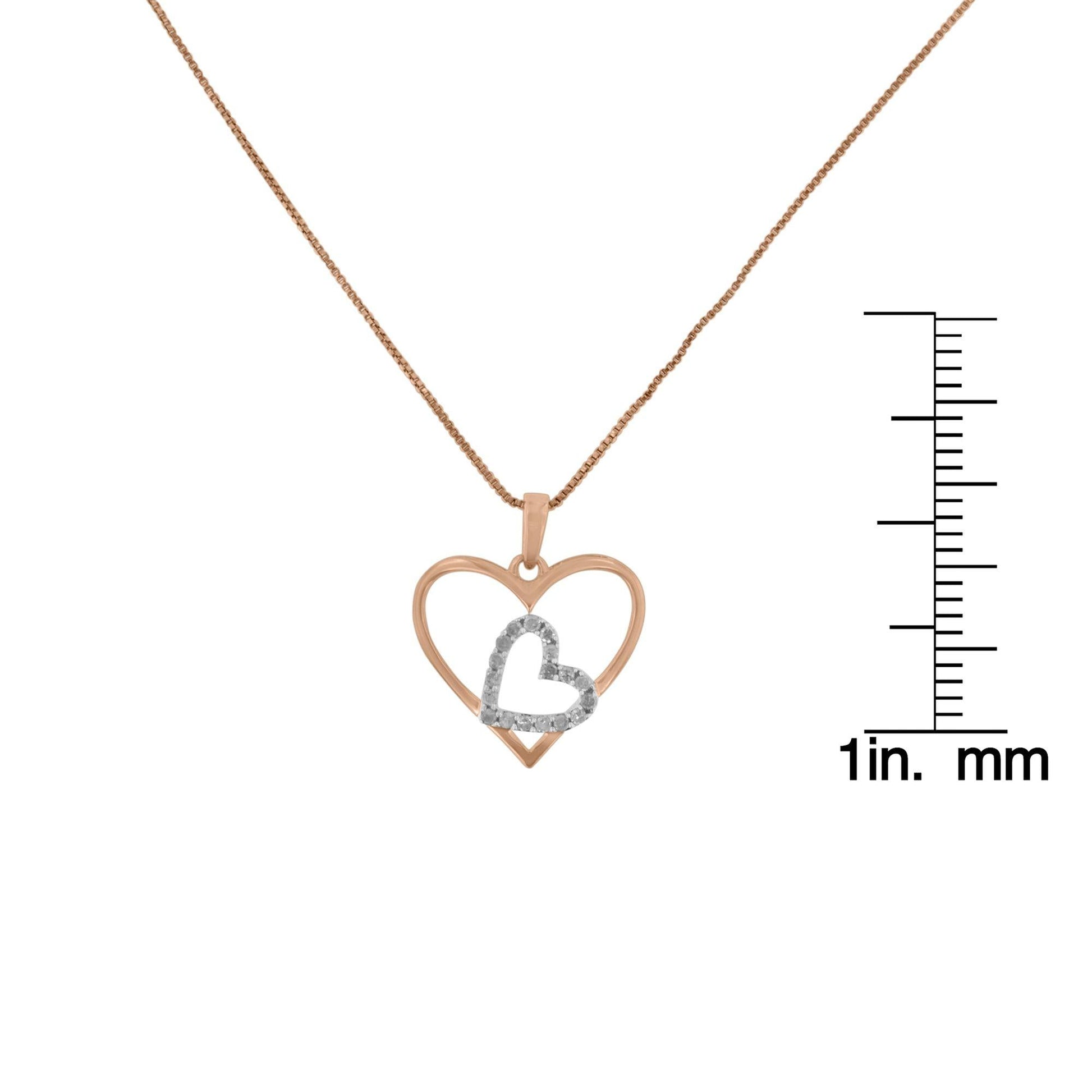 Two Tone.925 Sterling Silver 1/4 cttw Diamond Double Heart Pendant Necklace