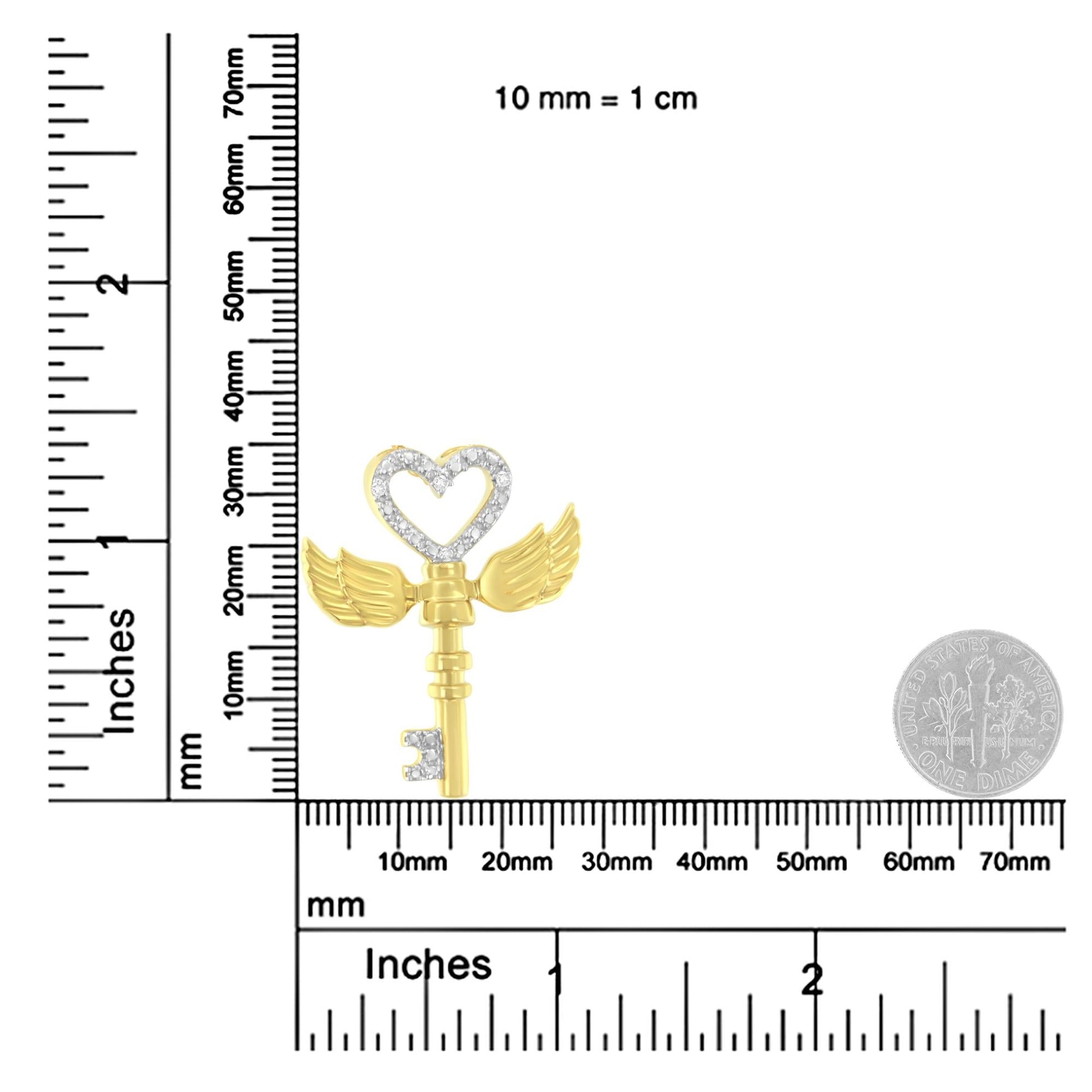 10K Yellow Gold over.925 Sterling Silver Diamond Accented Heart Angel Wing Key