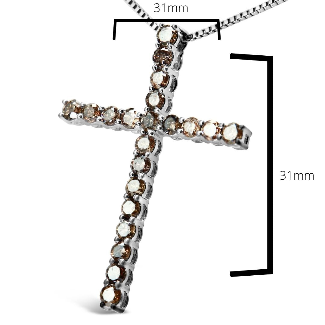 .925 Sterling Silver 1.0 Cttw Champagne Diamond Gold Cross Pendant Necklace