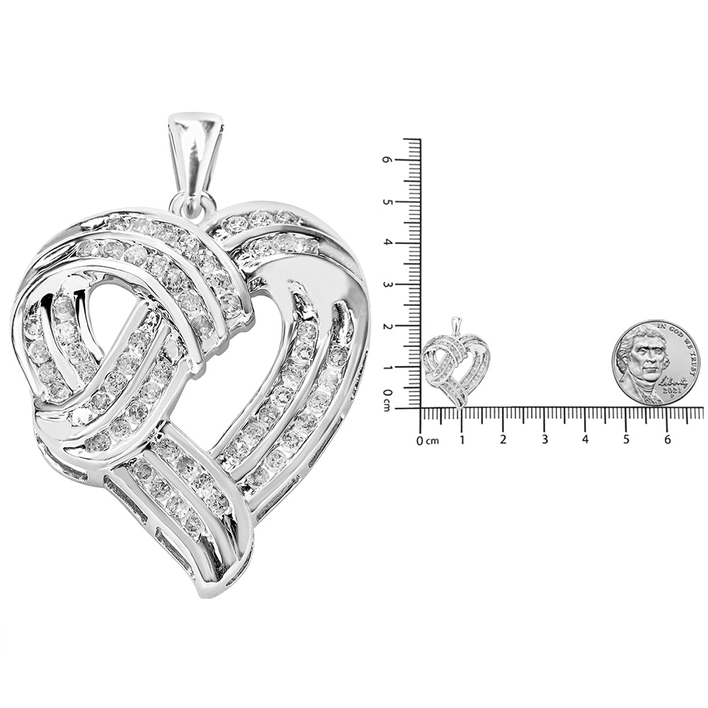 .925 Sterling Silver 1 1/4 Cttw Round Diamond Openwork Ribbon Weave Heart