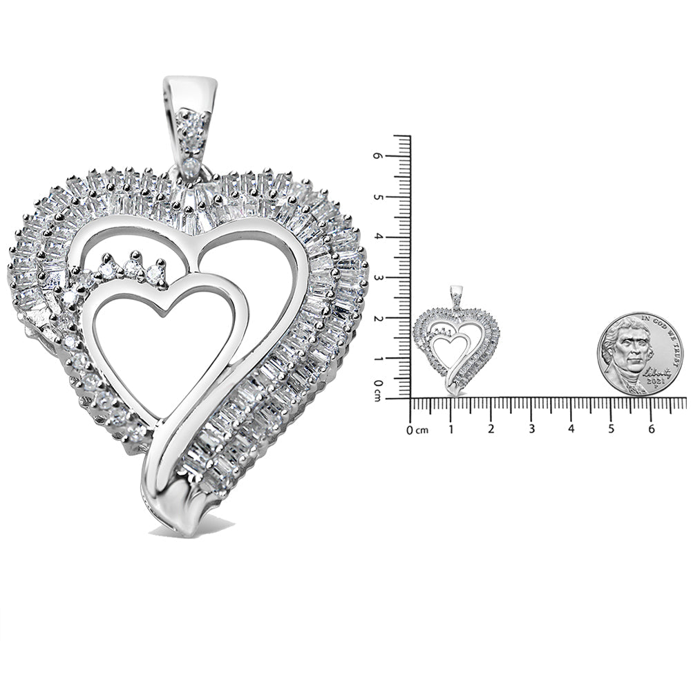 .925 Sterling Silver 3/4 Cttw Round and Baguette Diamond Double Heart Pendant