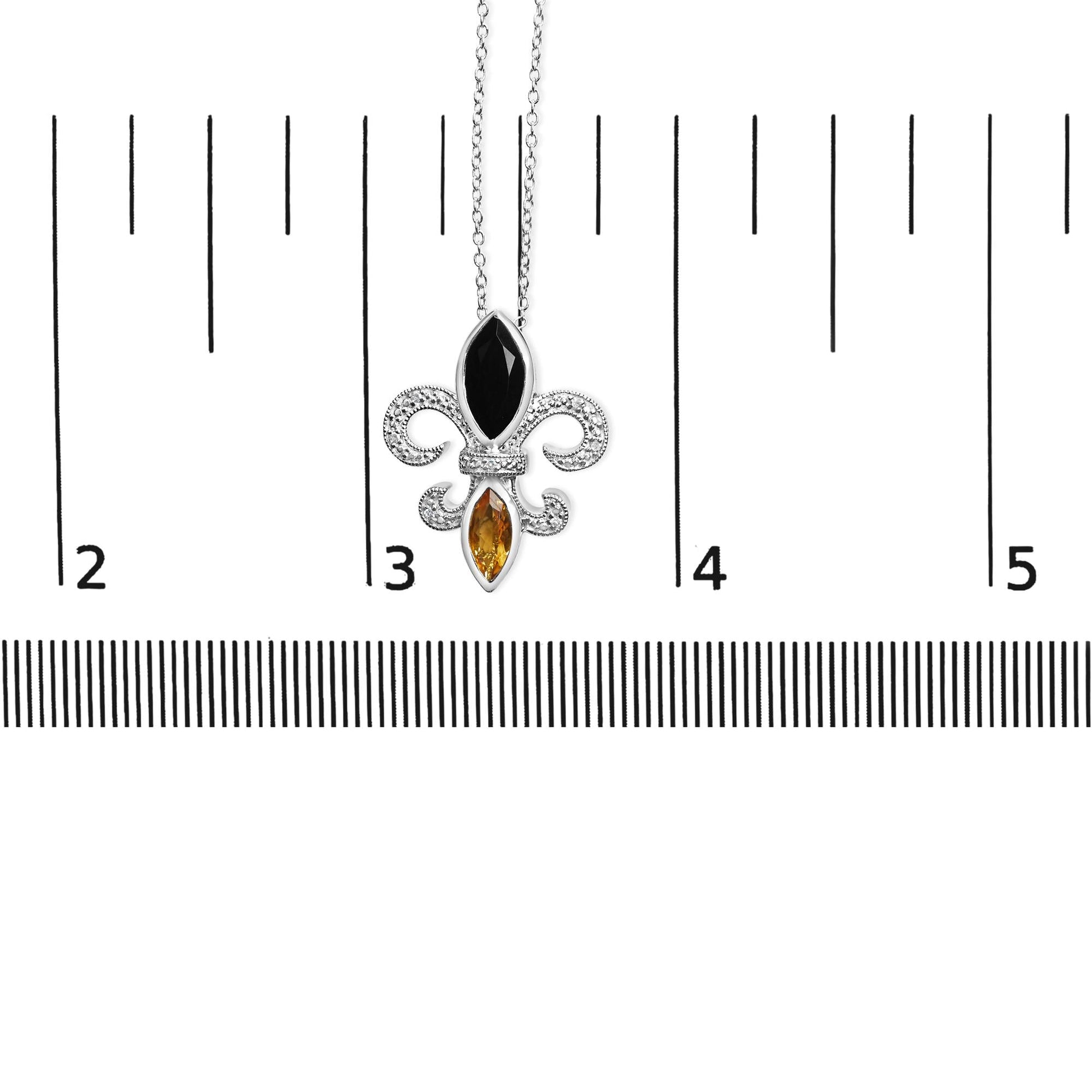 .925 Sterling Silver Marquise Onyx and Citrine and Diamond Accent Fleur De Lis