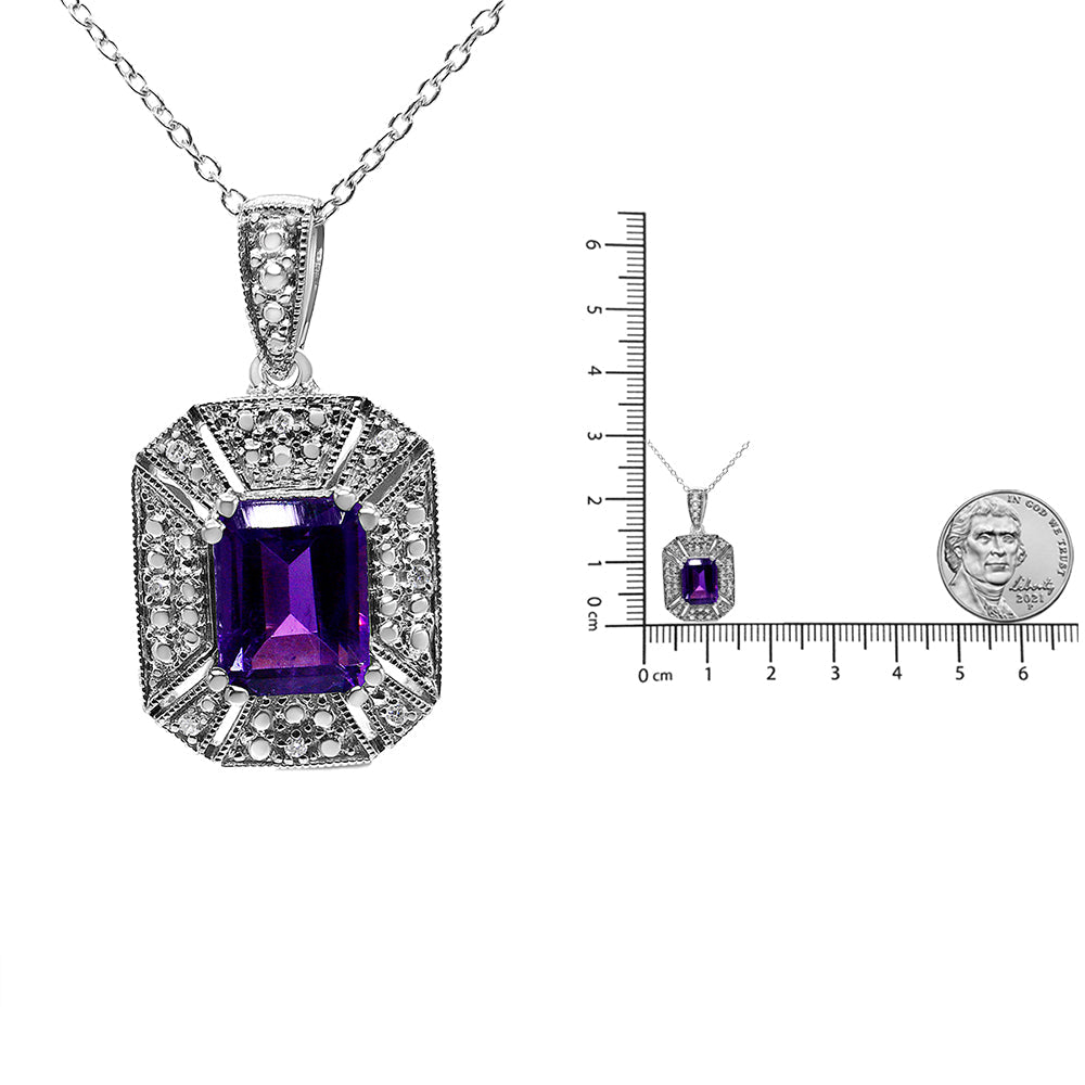 .925 Sterling Silver Purple Amethyst and Diamond Accent Art Deco Style 18’’