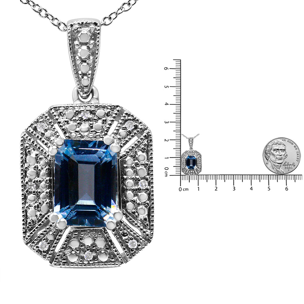 .925 Sterling Silver Blue Topaz and Diamond Accent Art Deco Style 18’’