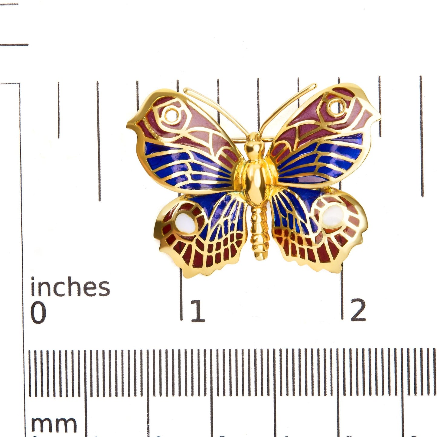 18K Yellow Gold Red Blue and White Enameled Butterfly Brooch Pin - Brooches