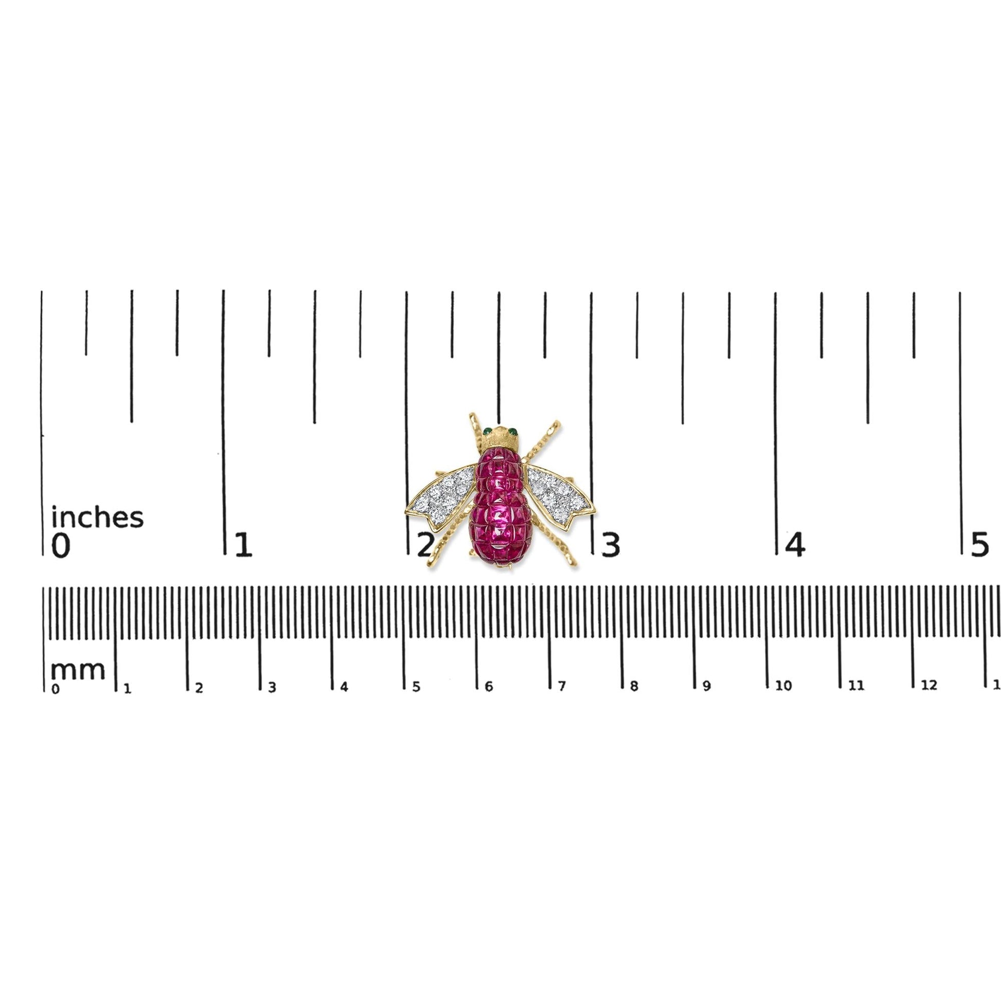 18K Yellow Gold 3/8 Cttw Diamond and 6 3/4 Cttw Red Ruby Bumblebee Brooch Pin