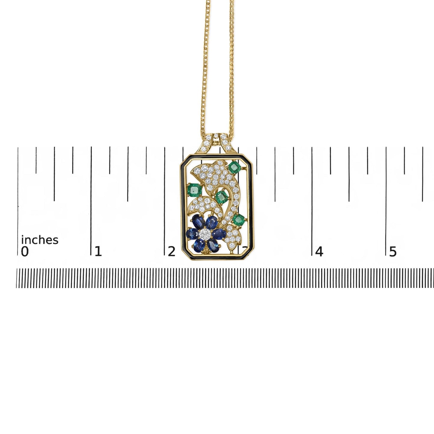 18K Yellow Gold 2 1/3 Cttw Diamond, Sapphire, and Emerald Dog Tag with Dolphin Silhouette Convertible 18" Pendant Necklace and Brooch (G-H Color, SI1-SI2 Clarity)