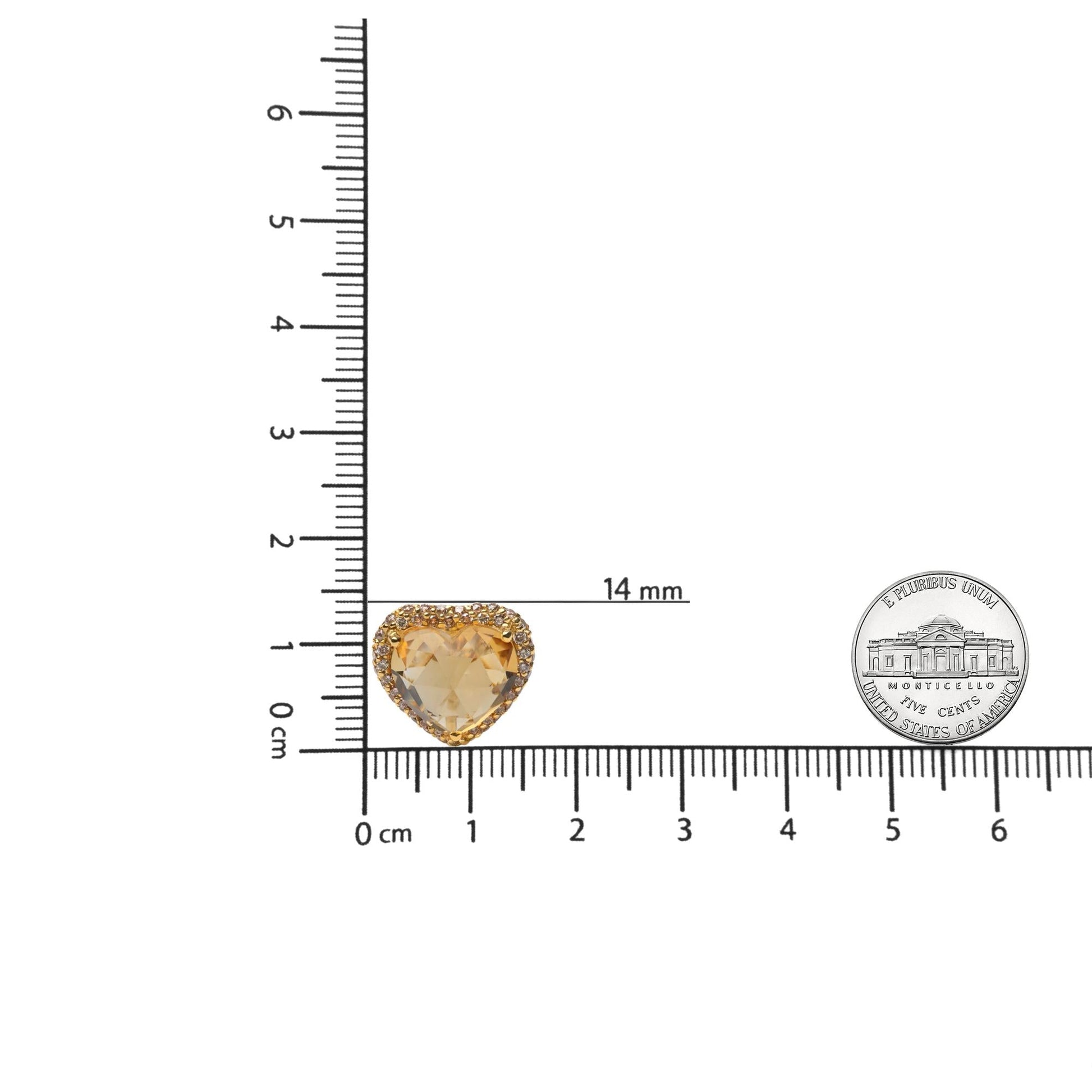 18K Yellow Gold 2/3 Cttw Brown Diamonds and 11x11mm Heart-Cut Yellow Citrine