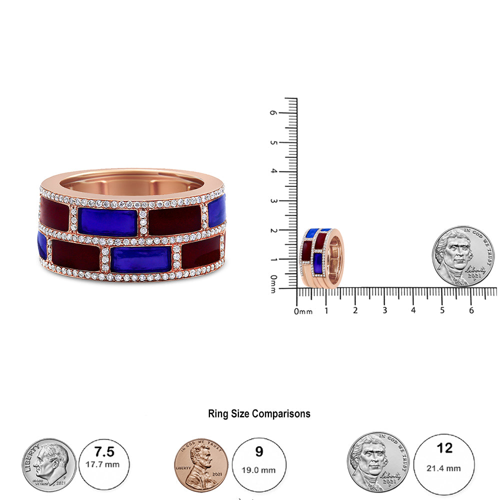 18K Rose Gold Alternating Red and Blue Enamel and 1/2 Cttw Diamond Studded Band