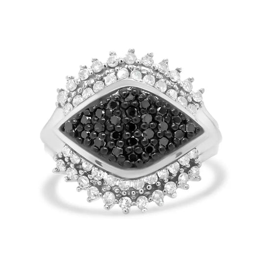 .925 Sterling Siler 1.00 Cttw White and Black Diamond Cluster Evil Eye Ring (black I-j Color I2-i3 Clarity) - Fine