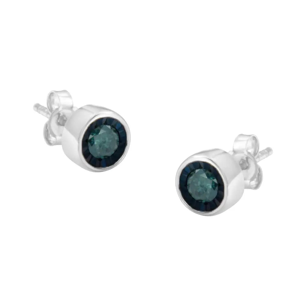 .925 Sterling Silver 0.40 Cttw Round Brilliant-cut Blue Diamond Miracle-set Stud Earrings (fancy Color-enhanced I2-i3