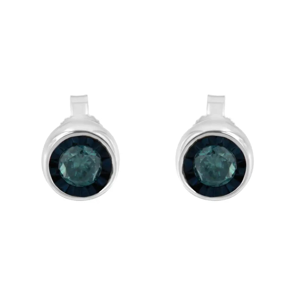 .925 Sterling Silver 0.40 Cttw Round Brilliant-cut Blue Diamond Miracle-set Stud Earrings (fancy Color-enhanced I2-i3