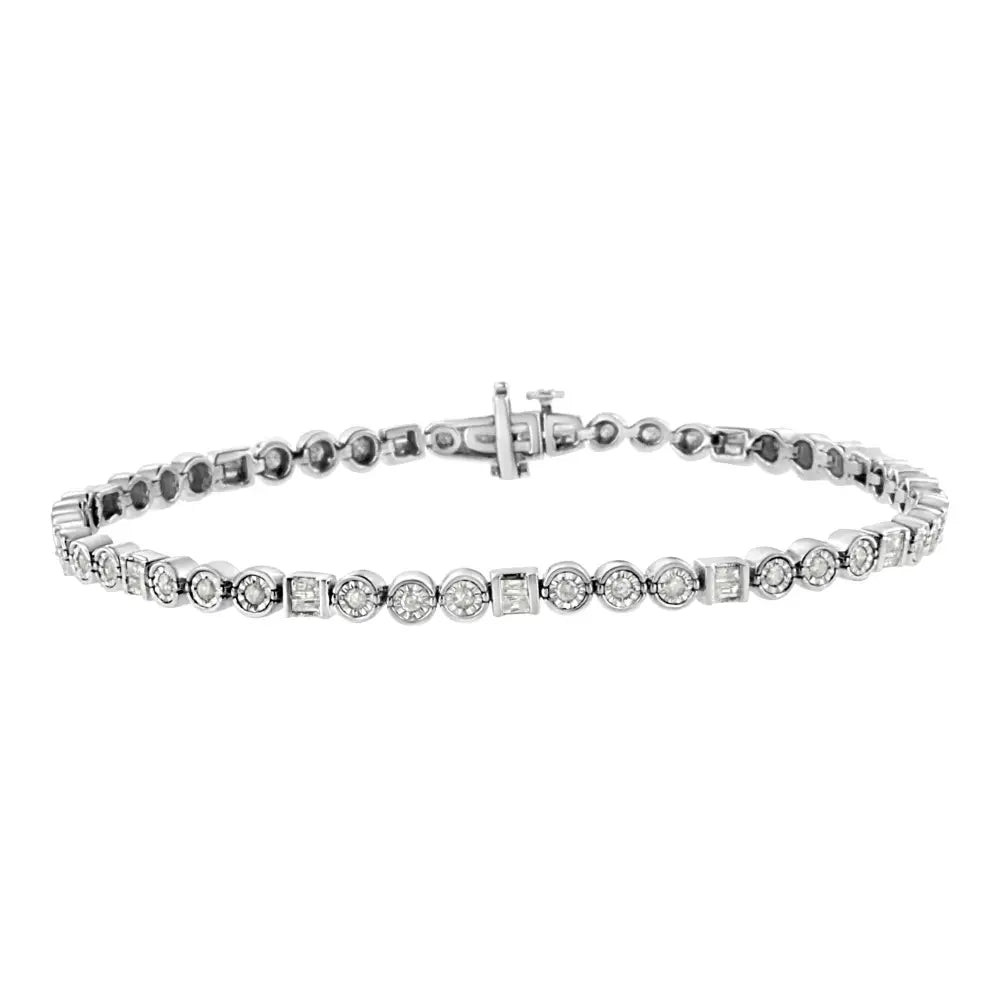 .925 Sterling Silver 1.0 Cttw Alternating Channel Set Baguette and Miracle Round Diamond Link Bracelet (i-j Color I3