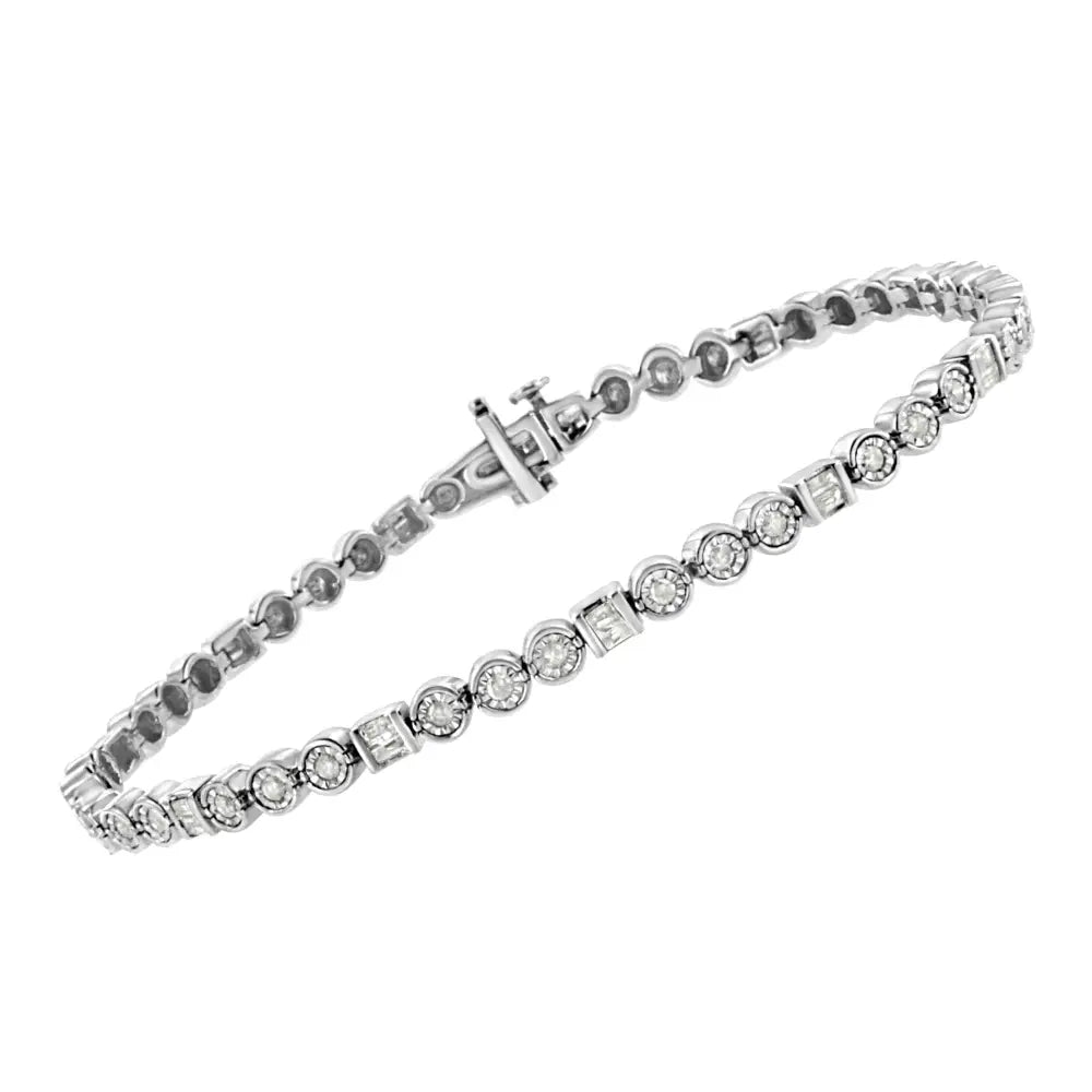 .925 Sterling Silver 1.0 Cttw Alternating Channel Set Baguette and Miracle Round Diamond Link Bracelet (i-j Color I3