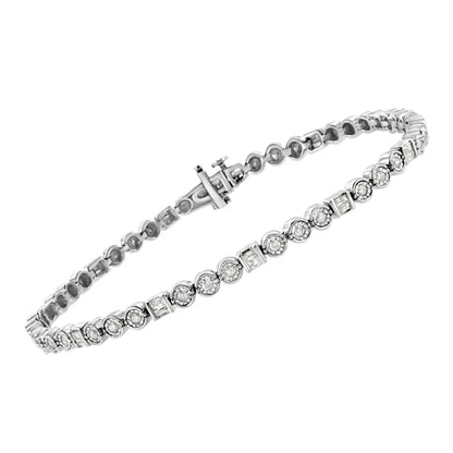 .925 Sterling Silver 1.0 Cttw Alternating Channel Set Baguette and Miracle Round Diamond Link Bracelet (i-j Color I3