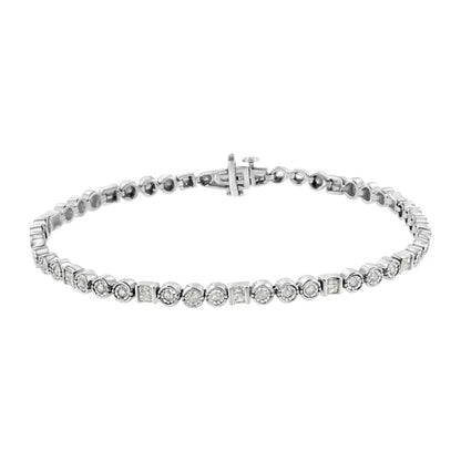 .925 Sterling Silver 1.0 Cttw Alternating Channel Set Baguette and Miracle Round Diamond Link Bracelet (i-j Color I3